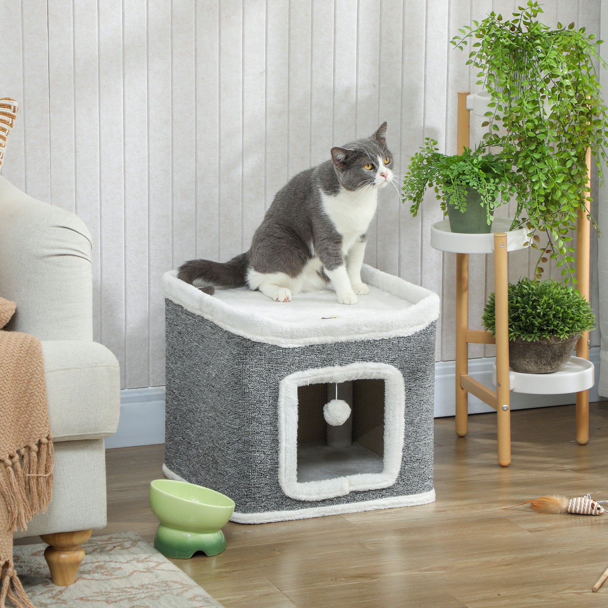 Kozy Cat House for Indoor Kittens, 2-Level Cat Cave Bed with Fluffy Balls, Top Bed, Kitten Barrel for Multi Kitties, Grey