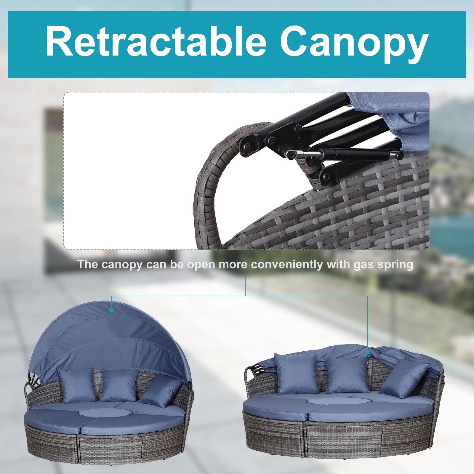 Kozy Outdoor PE Rattan Garden Furniture with Cushioned, Patio Wicker Conversation Furniture Set, Round Daybed with Retractable Canopy, Coffee Table and Three Pillows, Grey/Blue Grey