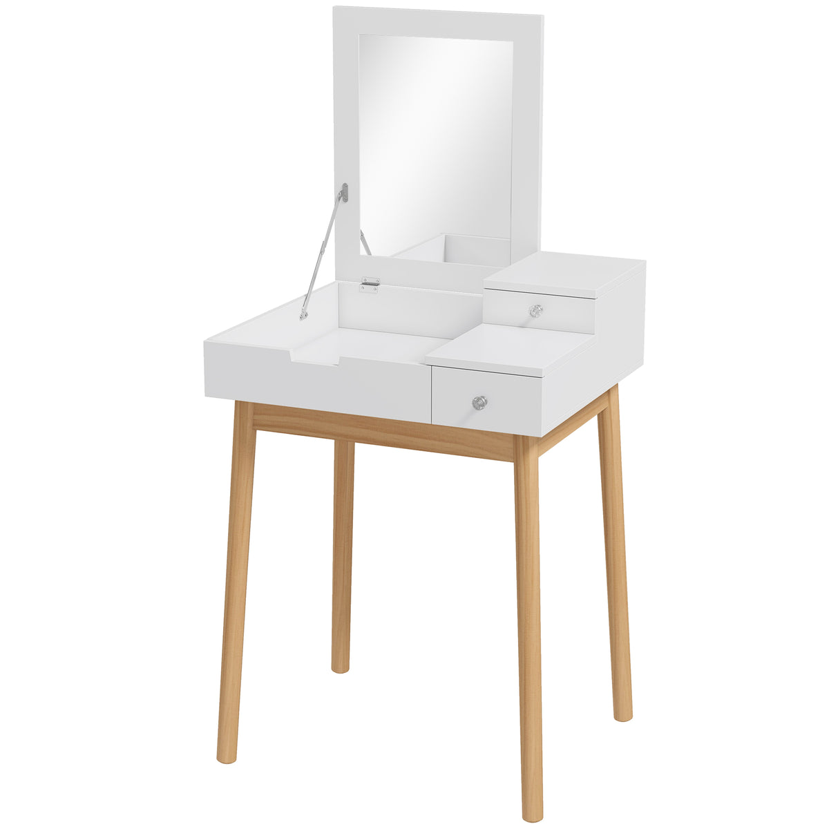 Kozy Dressing Table with Flip-up Mirror, Makeup Desk with 2 Drawers and Pine Wood Legs, Vanity Table Writing Desk for Bedroom Living Room, White