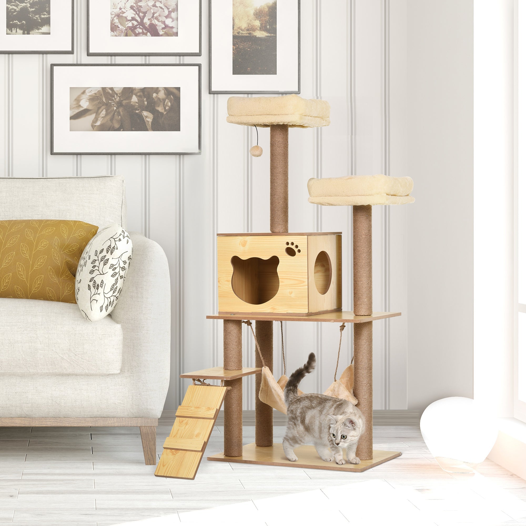 PawHut Cat Tree, 130cm Cat Tree for Indoor, Multi-Level Plush Cat Climbing Tower w/ Scratching Posts, Cat Condo for Large Cat, Yellow | Aosom UK
