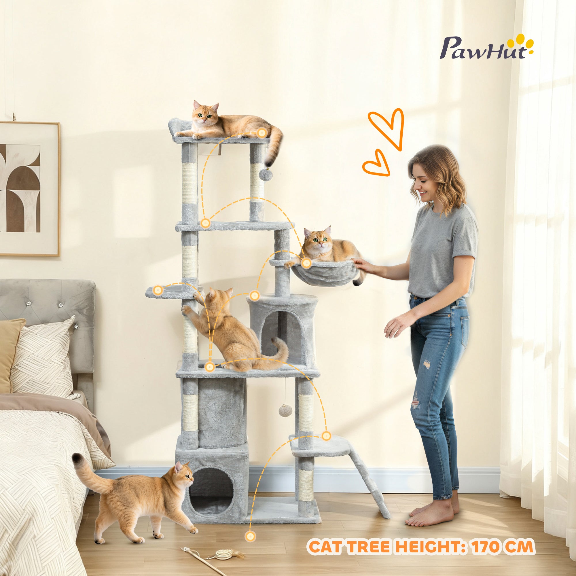Kozy 170 cm Large Cat Tree, Cat Tower with 7 Scratching Posts, Tunnel, 2 Condos, Hammock, Perch, Ramp, Pompoms, Light Grey