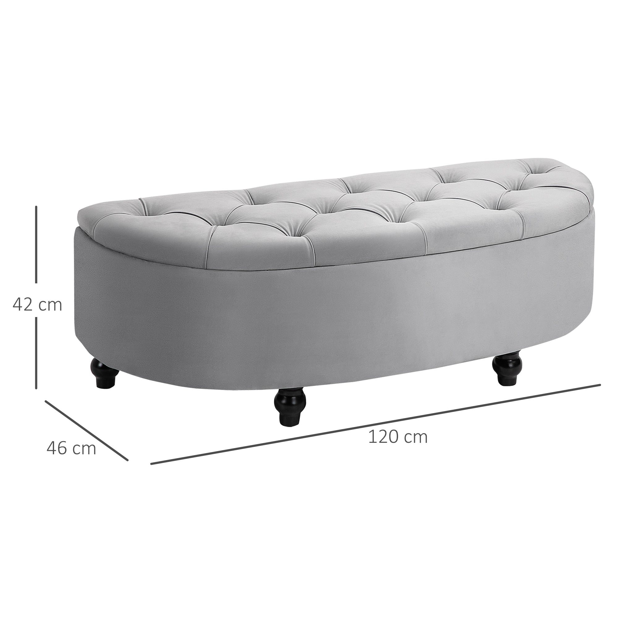 Kozy Semi-Circle Ottoman Storage Bench, Bed End Bench, Tufted Upholstered Window Seat Footrest Stool with Rubberwood Legs for Bedroom & Entryway, 120 x 46 x 42 cm, Light Grey
