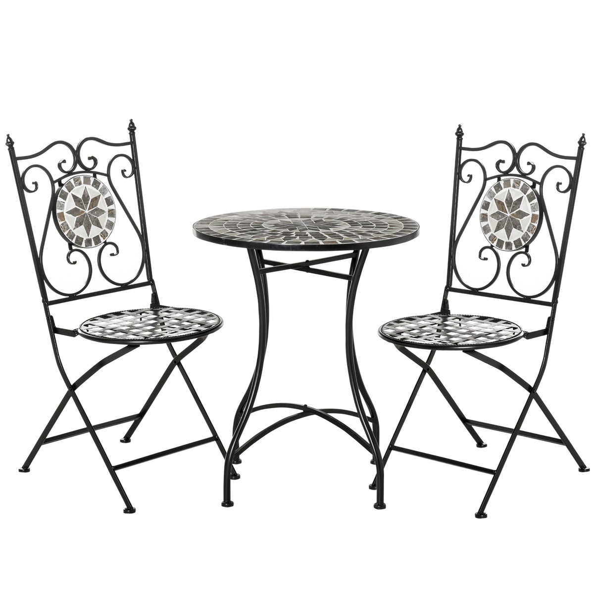 Kozy 3 Pcs Mosaic Tile Garden Bistro Set Outdoor Seating w/ Table 2 Folding Chairs Set Metal Frame Elegant Scrolling Indoor Patio Balcony