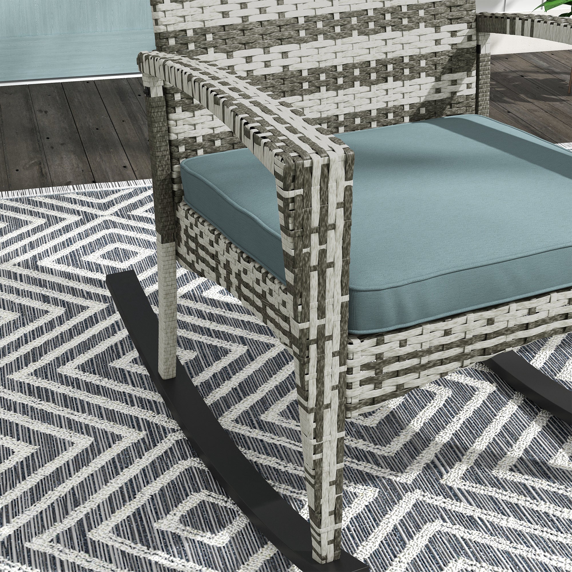 Kozy PE Rattan Garden Rocking Chair, Outdoor Rocking with Cushion, 160 KG Capacity Wicker Garden Armchair Rocker with Metal Frame for Patio, Porch, Balcony, Light Grey