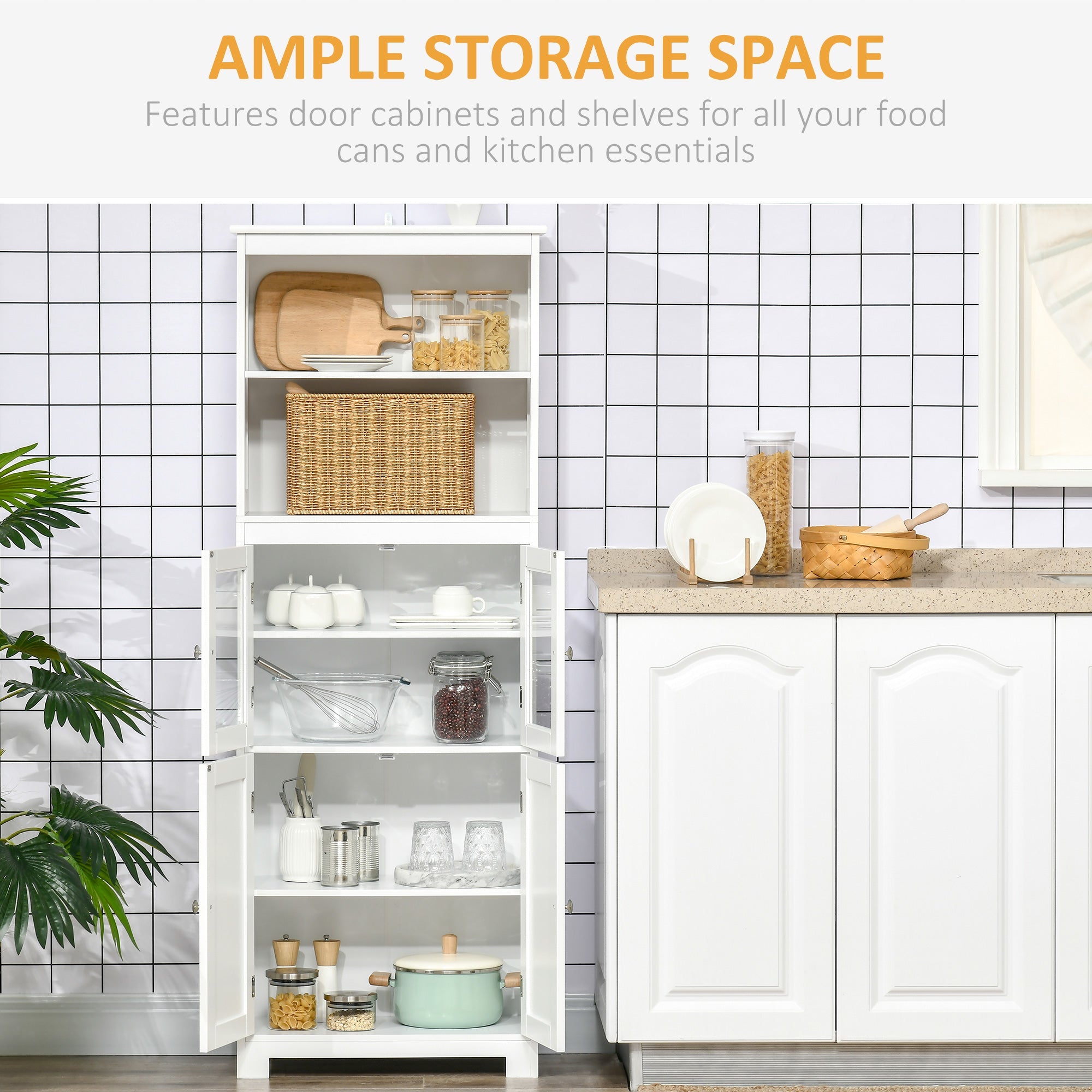 HOMCOM Kitchen Storage Cabinets, 4-Door Kitchen Larder with Adjustable Shelf and Glass Doors for Dining Room, Living Room, White | Aosom UK