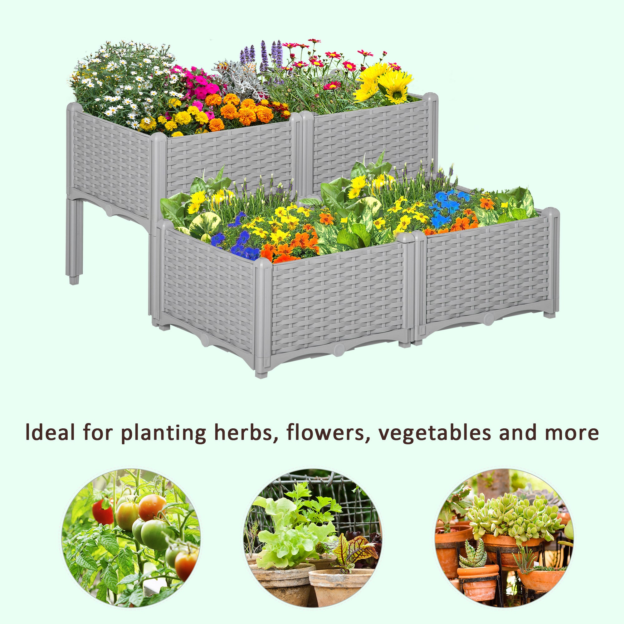 Kozy Set of 4 26L Garden Raised Bed Elevated Patio Flower Plant Planter Box PP Vegetables Planting Container, Grey