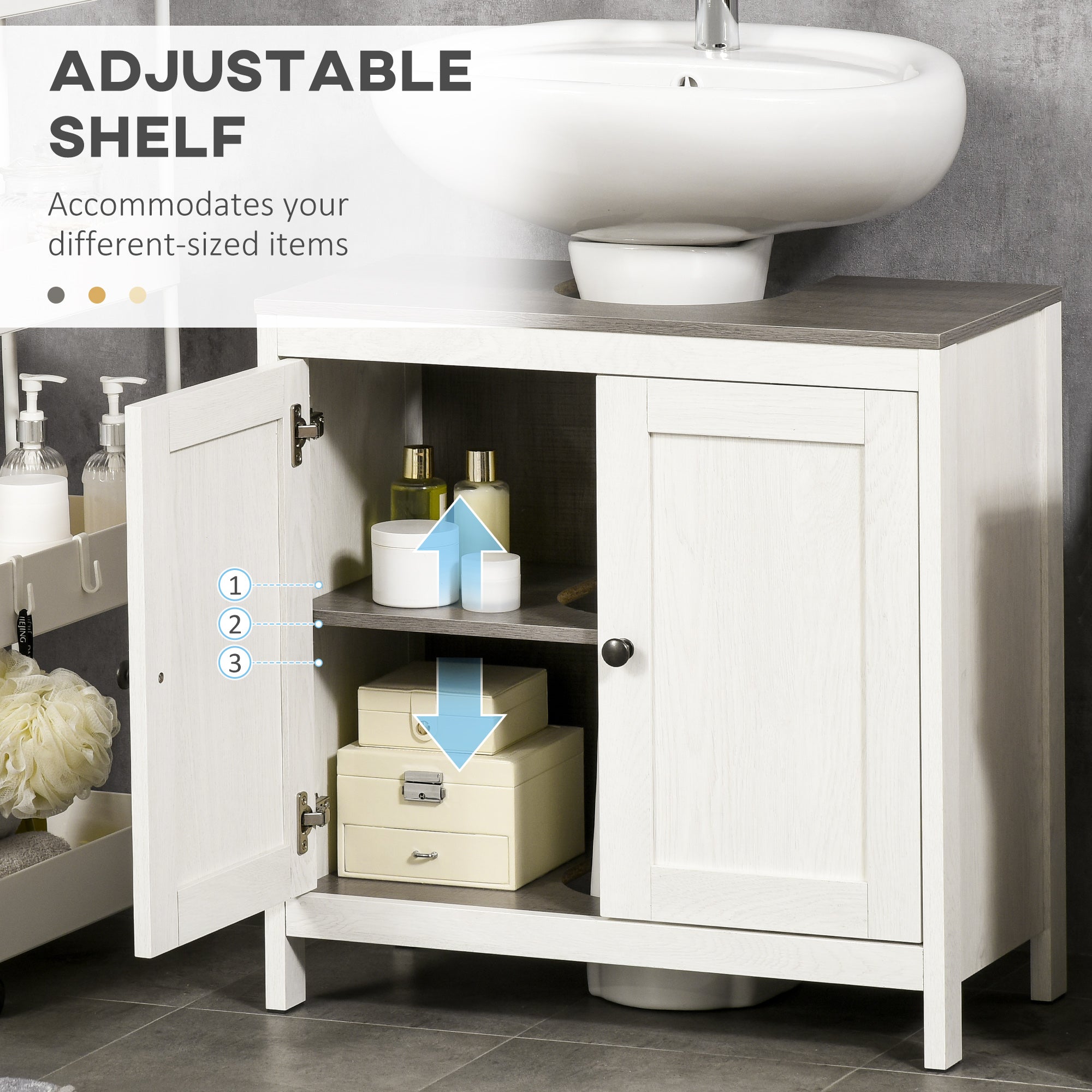 Kozy Modern Bathroom Sink Cabinet, Floor Standing Under Sink Cabinet, Freestanding Storage Cupboard with Adjustable Shelf, Double Doors, Antique White