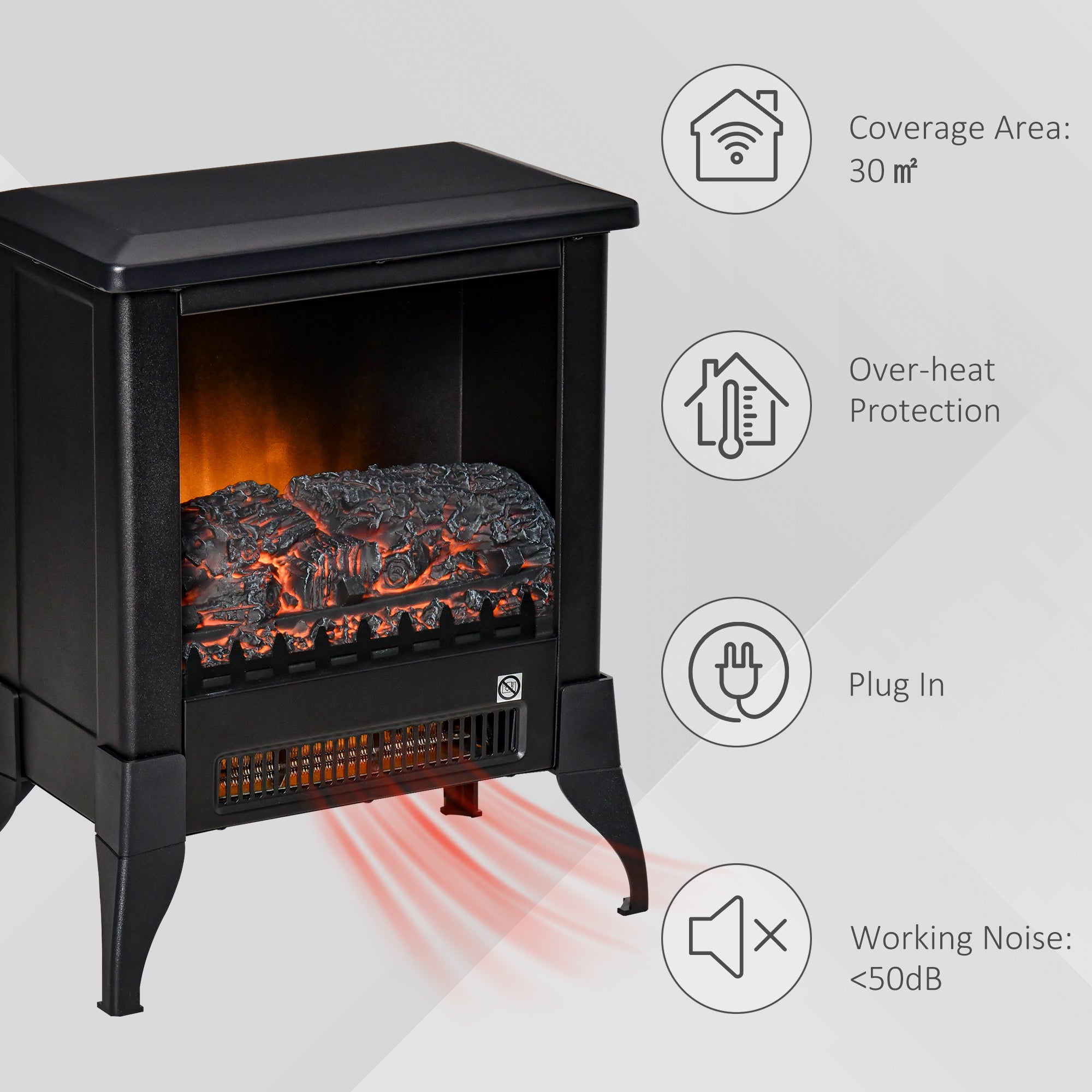 Kozy Electric Fireplace Stove, Free standing Fireplace Heater with Realistic Flame Effect, Adjustable Temperature and Overheat Protection, Black