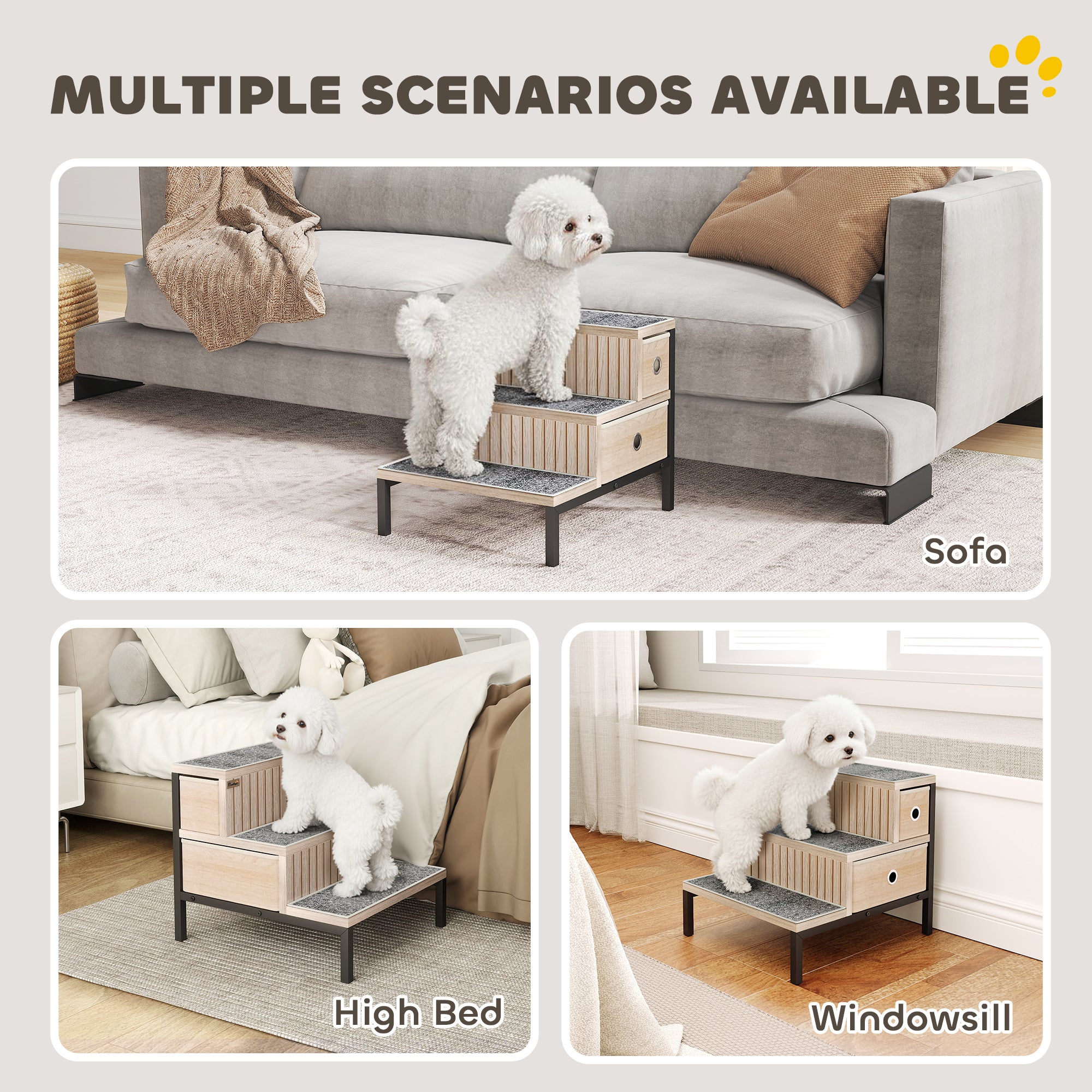 Kozy Dog Stairs with Storage, Non-Slip Cover, Pet Steps for Small Dogs & Older Cats, for Sofa, High Bed, Oak Tone