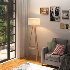 Kozy Tripod Floor Lamp, Freestanding Bedside Light Reading Light with Storage Shelf and Linen Shade for Living Room Bedroom, 154cm, Cream