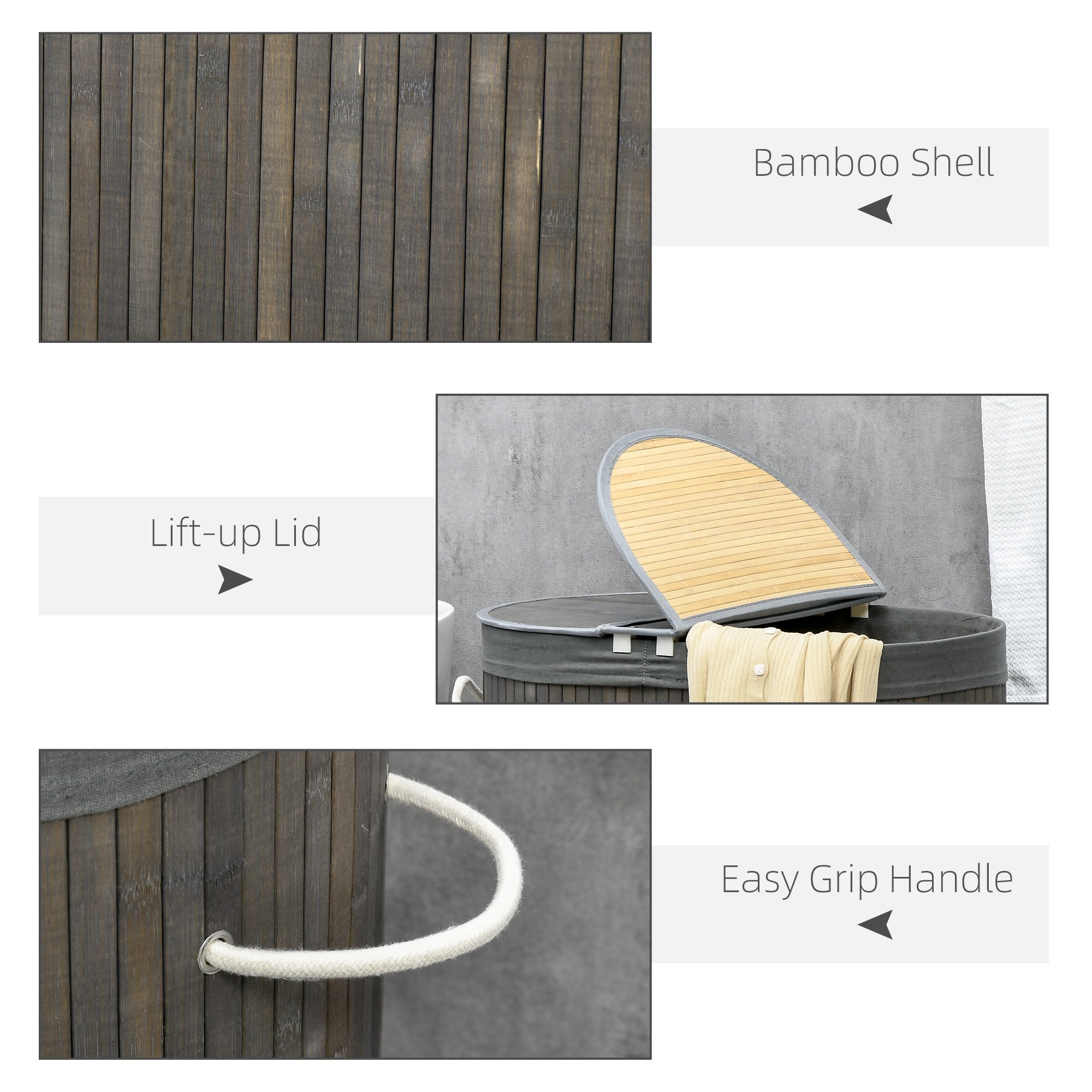 Bamboo Laundry Basket with Lid, 100 Litres Laundry Hamper with 2 Sections, Removable Washable Lining, Washing Baskets, 62.5 x 37 x 60.5cm, Grey