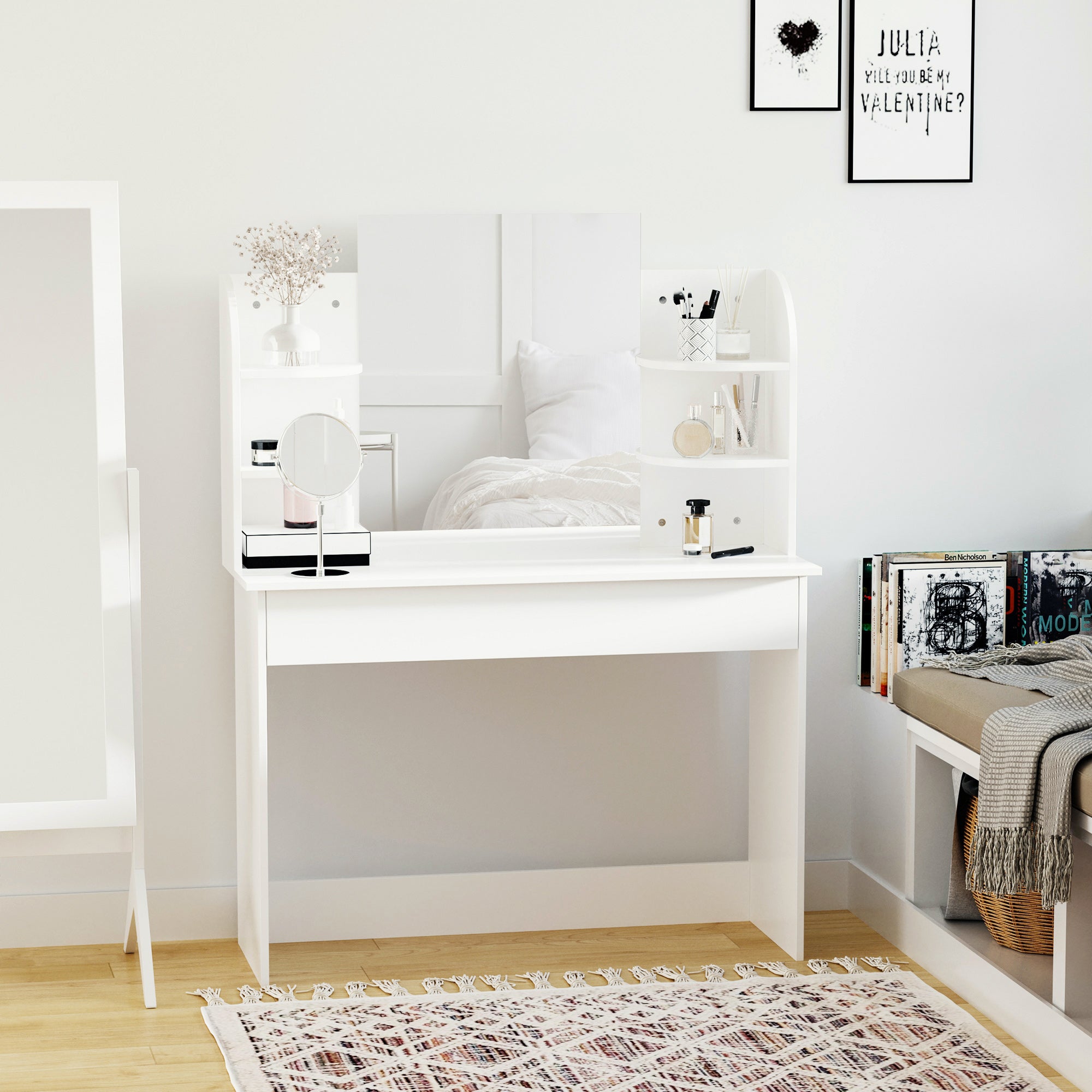 Kozy Modern Dressing Table Writing Desk W/ Mirror, Big Drawers, 2-Tier Open Shelf For Home Bedroom White