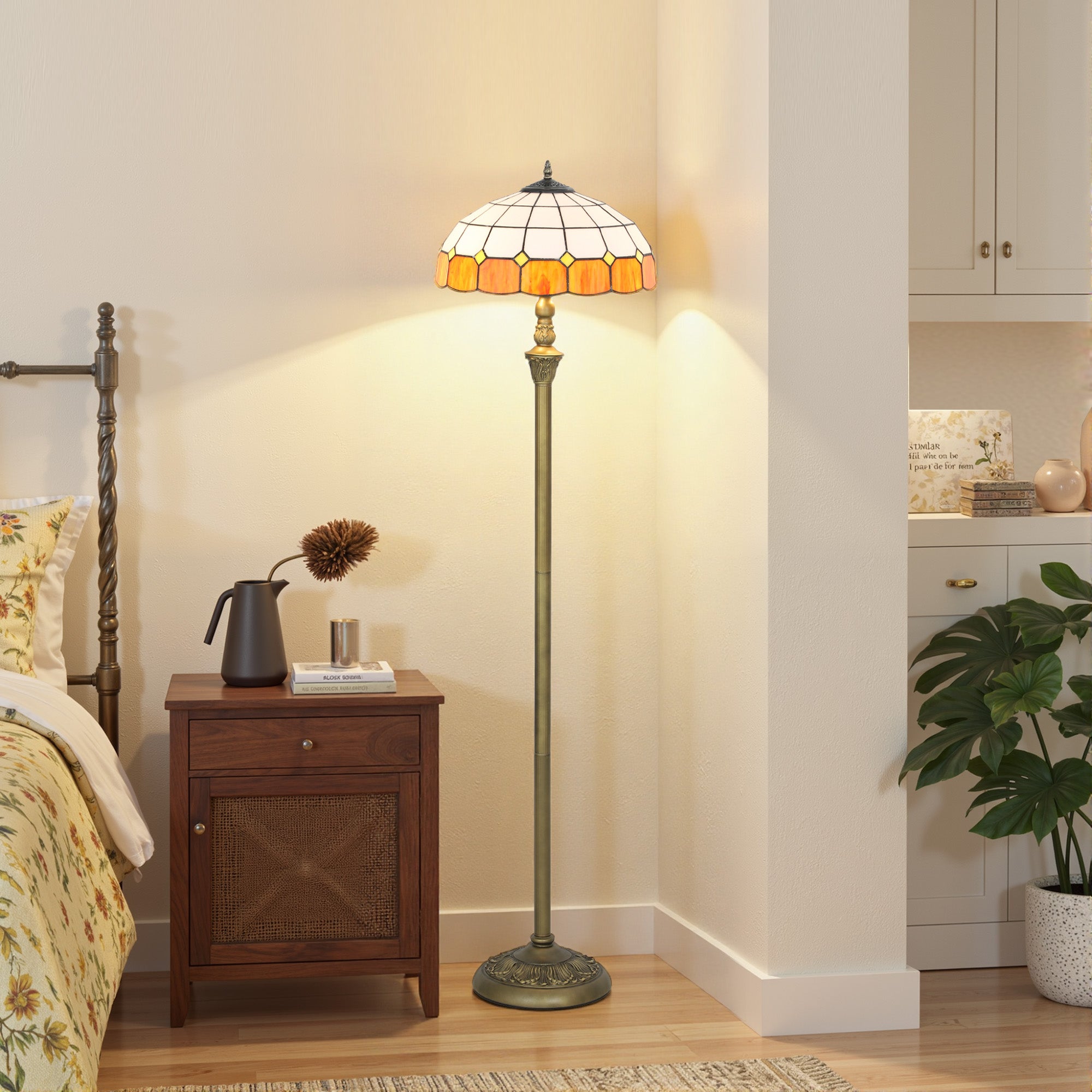 Kozy Tiffany-Style Floor Lamp with Handcrafted Stained Glass Shade, 152cm Tall Vintage Standing Lamp with Foot Switch and Dual Sockets for Living Room Bedroom, Bronze Tone and Orange