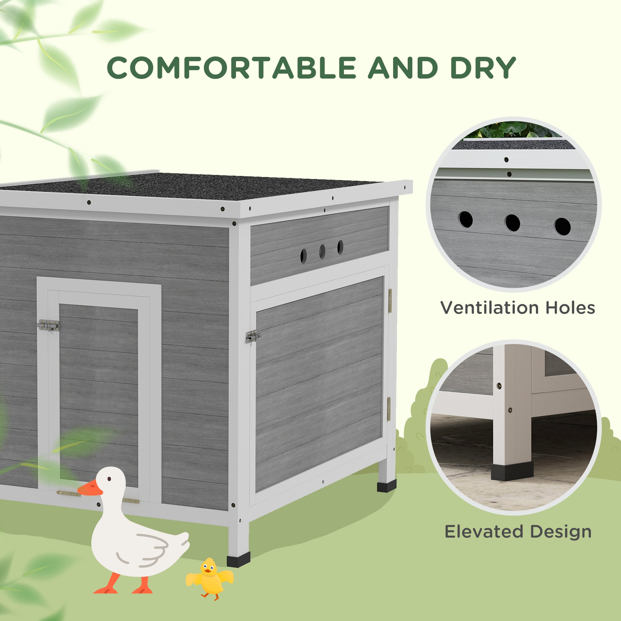Kozy - Wooden Duck House with Ramp, Double Doors, Openable Asphalt Roof, Ventilation Holes, Removable Base, Light Grey