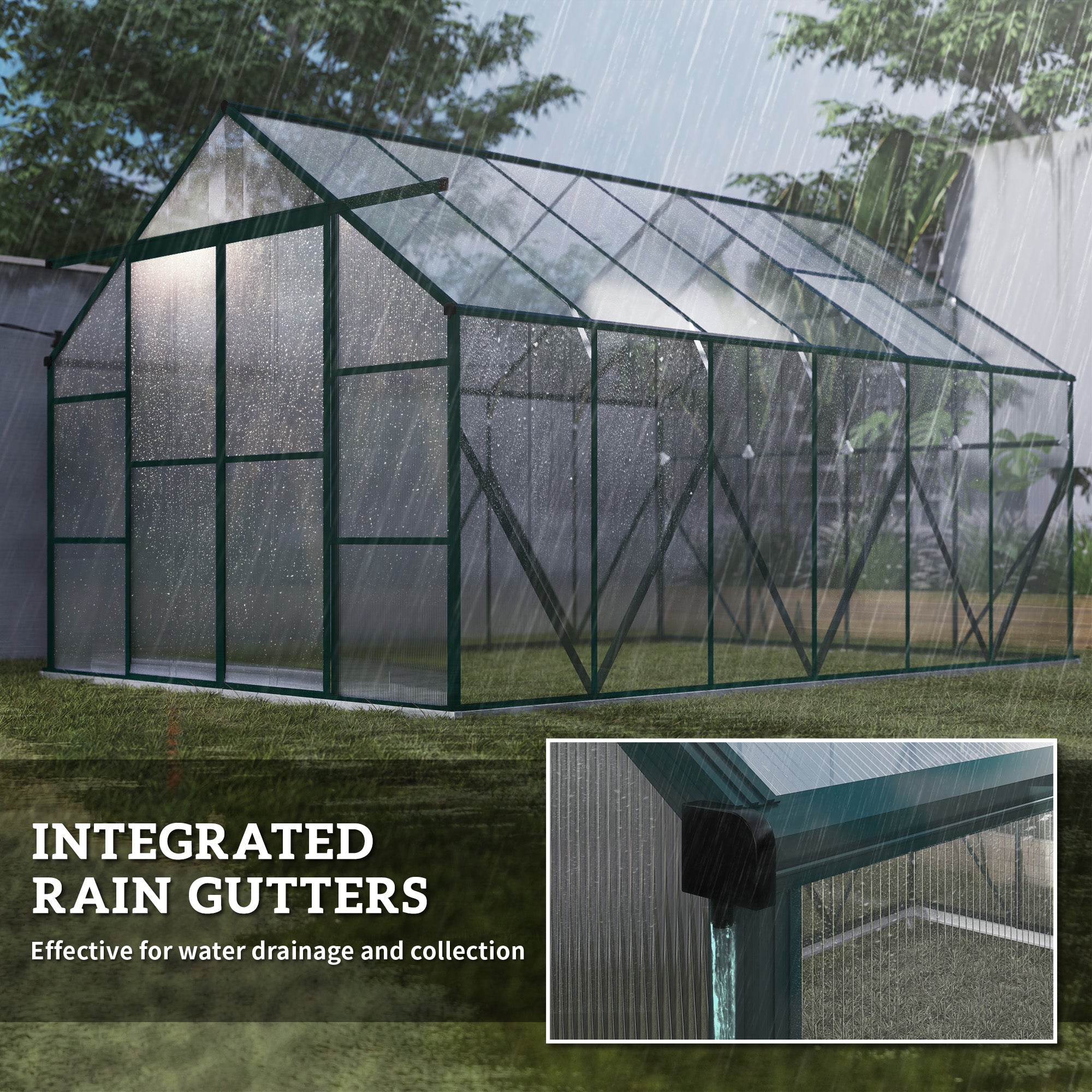Kozy 8 x 12ft Aluminium Greenhouse Polycarbonate Walk-in Garden Greenhouse Kit with Adjustable Roof Vent, Double Sliding Door, Rain Gutter and Foundation, Clear