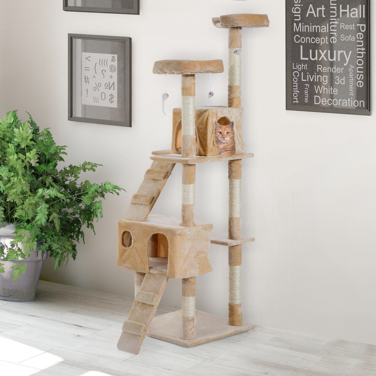 PawHut Deluxe Cat Tree, Kitten Scratching Post, Climbing Tower Activity Centre, Plush, Cream