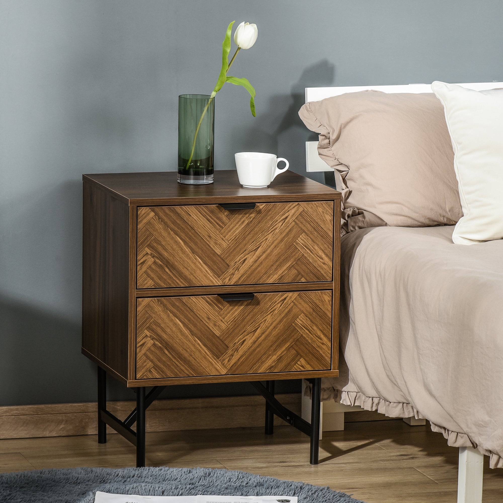 Kozy Bedside Table with Two Drawers, Side Cabinet Storage Unit with Metal Handles, Organisation Furniture for Living Room, Bedroom, Walnut Brown