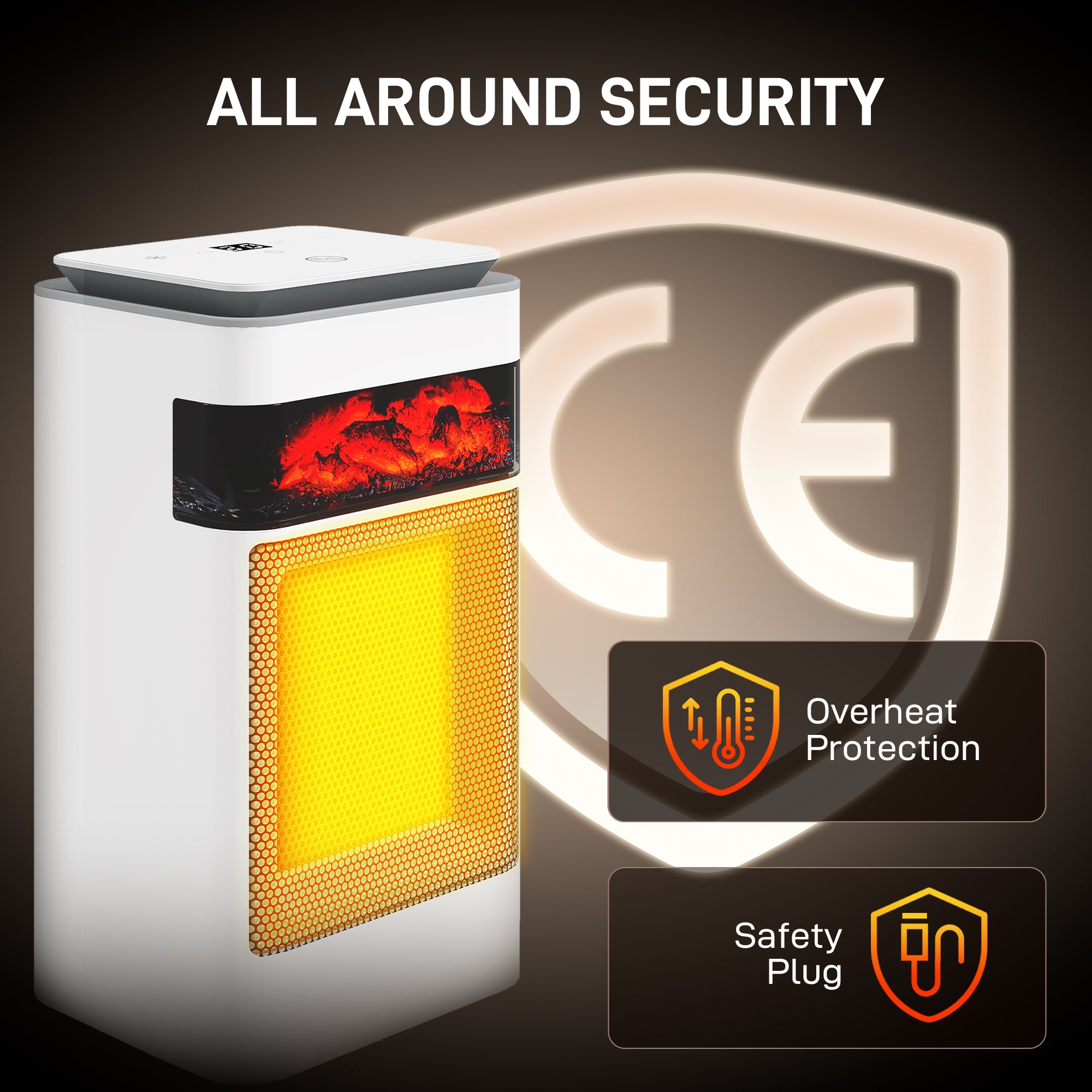 Kozy Ceramic Electric Heater, 1500W Fan Space Heater with 3 Modes, 24H Timer, Flame Effect, Oscillation for Bedroom, White