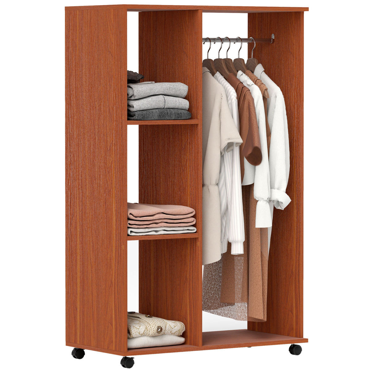 Kozy Open Wardrobe on Wheels, Bedroom Wardrobe with Clothes Hanging Rail, 3 Storage Shelves, Mobile Garment Rack for Cloakroom, Hallway, Walnut