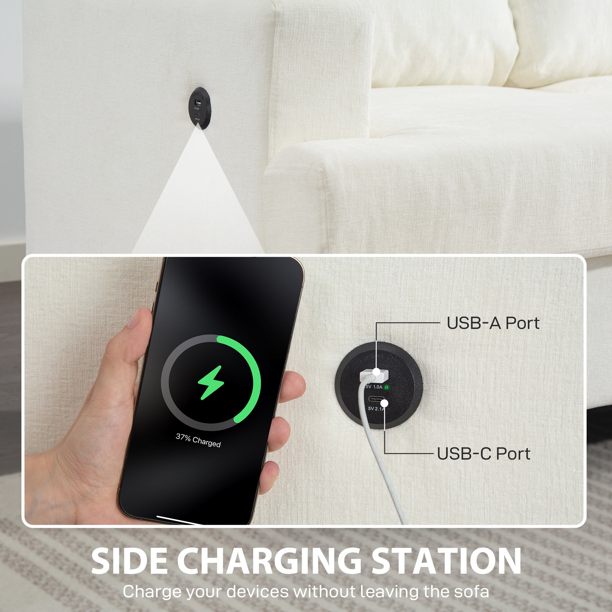 Kozy - 3 Seater Sofa with USB Ports & Cup Holders - Cream White