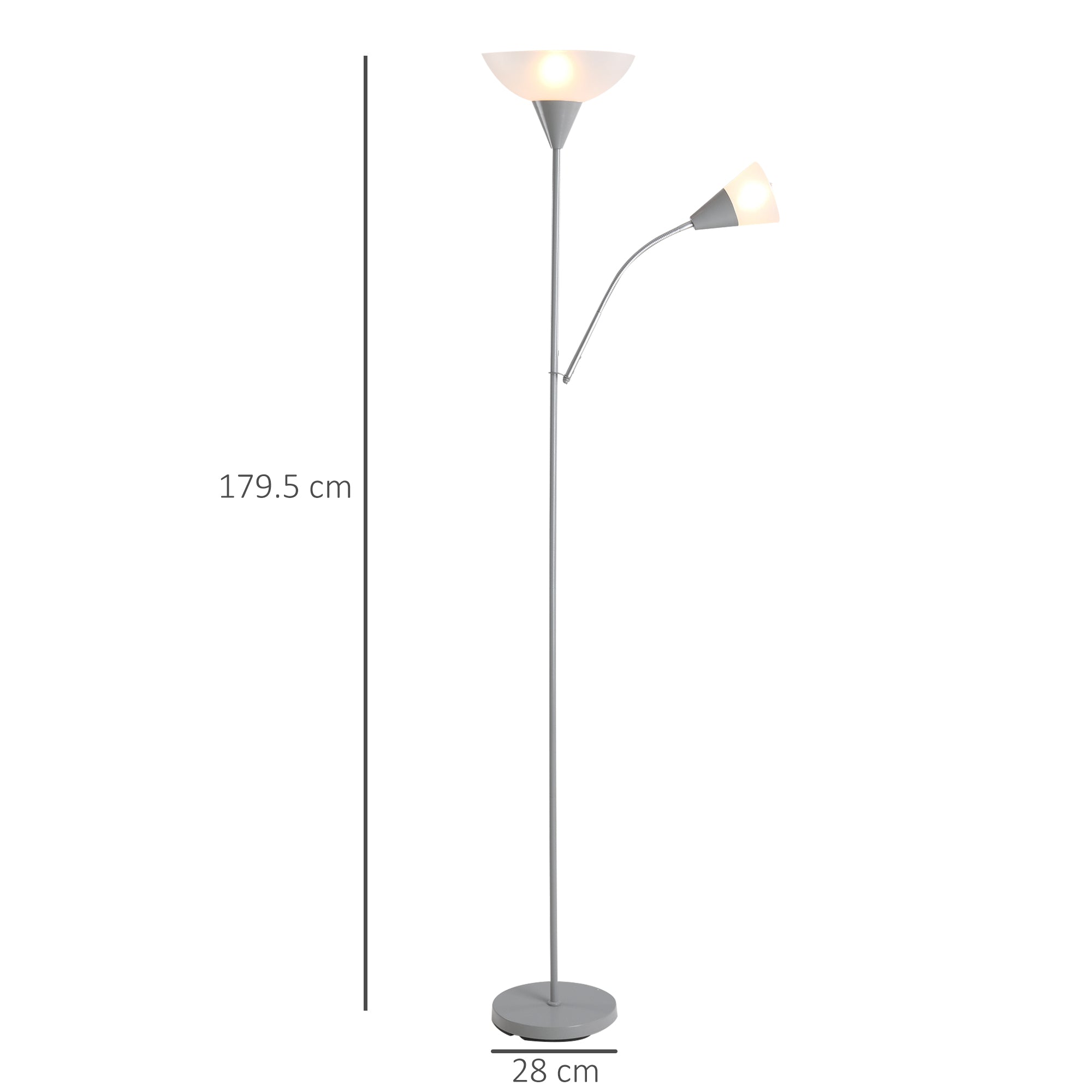 HOMCOM Modern Floor Reading Lamp 2 Adjustable Heads Light Steel Base Living Room Bedroom Office, 179.5cm