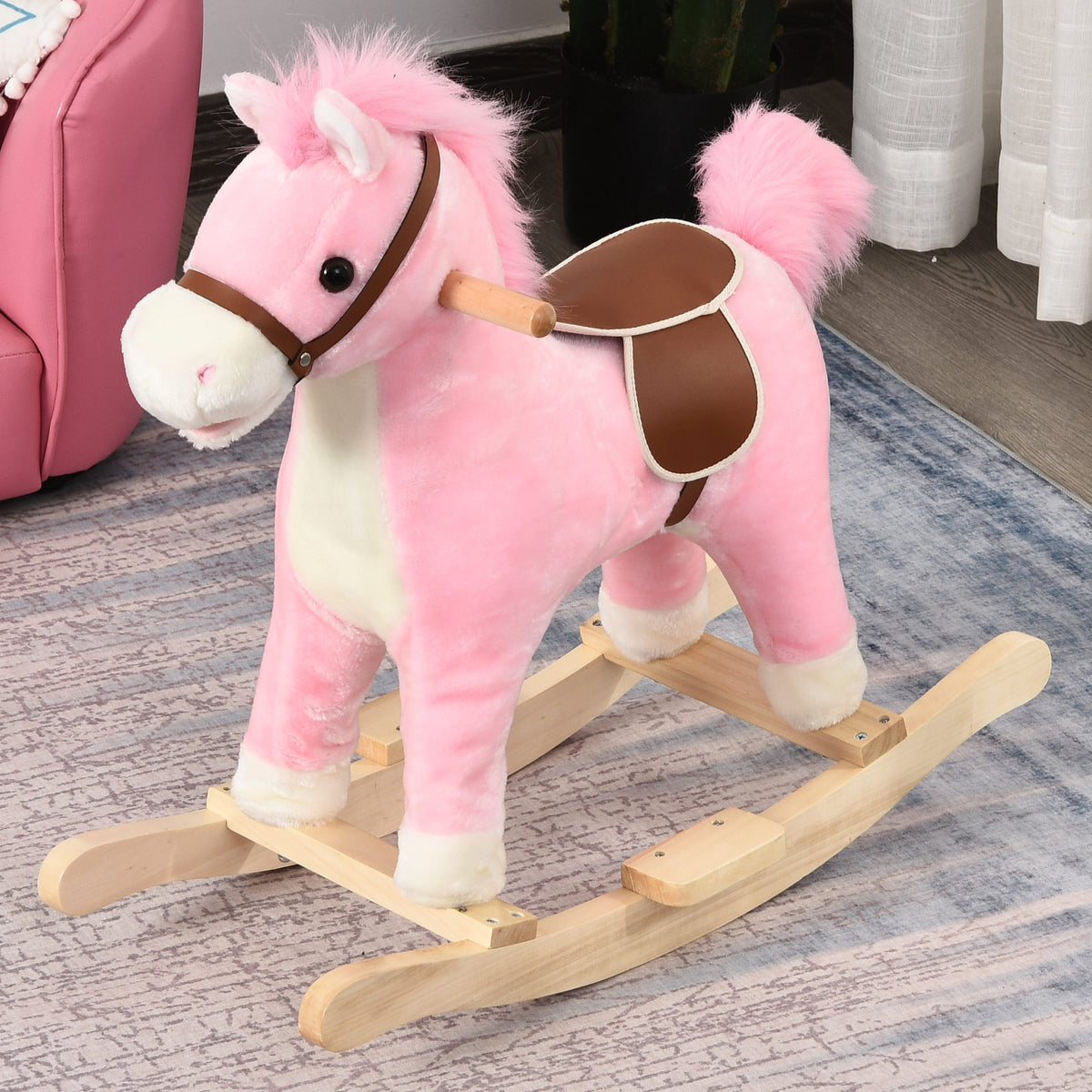 HOMCOM Kids Ride On Plush Rocking Horse w/ Sound Pink