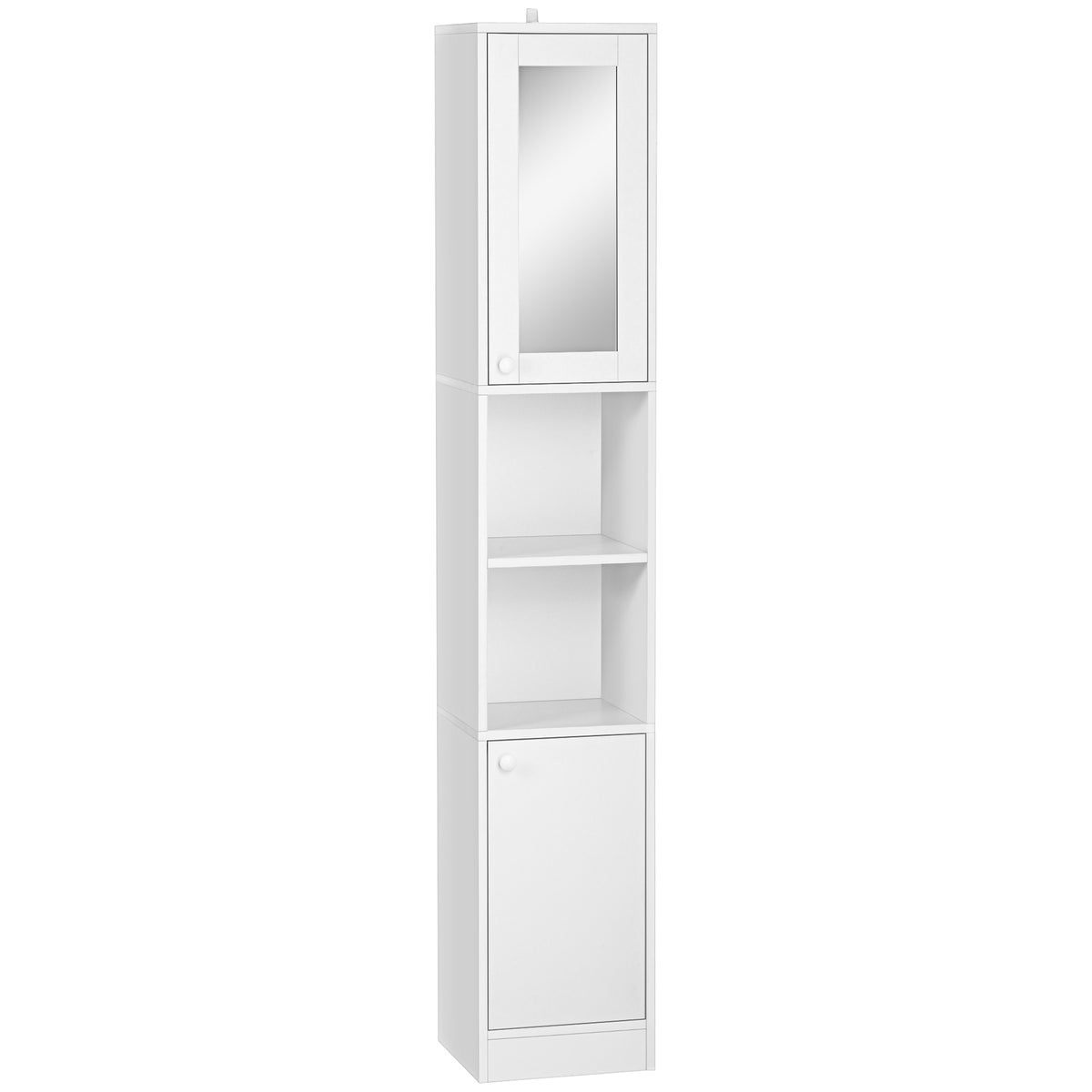 Kozy Tall Bathroom Storage Cabinet with Mirror, Narrow Bathroom Unit, Freestanding Bathroom Cupboard with Adjustable Shelves and 2 Doors, White