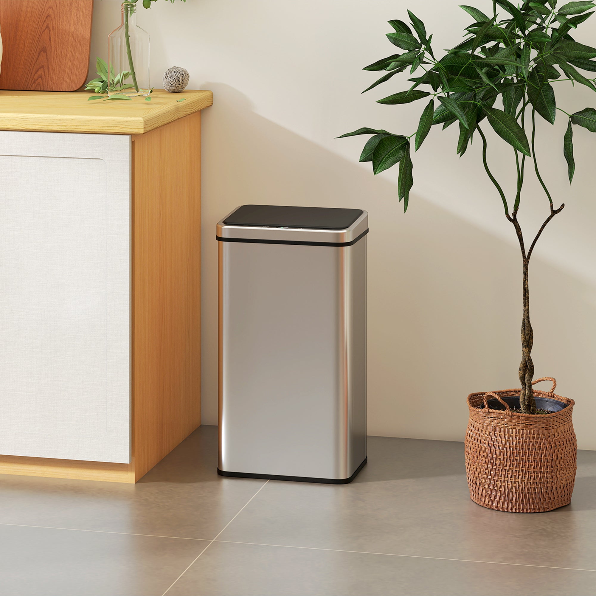 Kozy 50L Sensor Bin with Quiet Soft-Close Lid, Automatic Touchless Motion Sensor Kitchen Bin with Fingerprint Resistant Stainless Steel for Hygienic Gyms, Home Office Use, Silver Tone