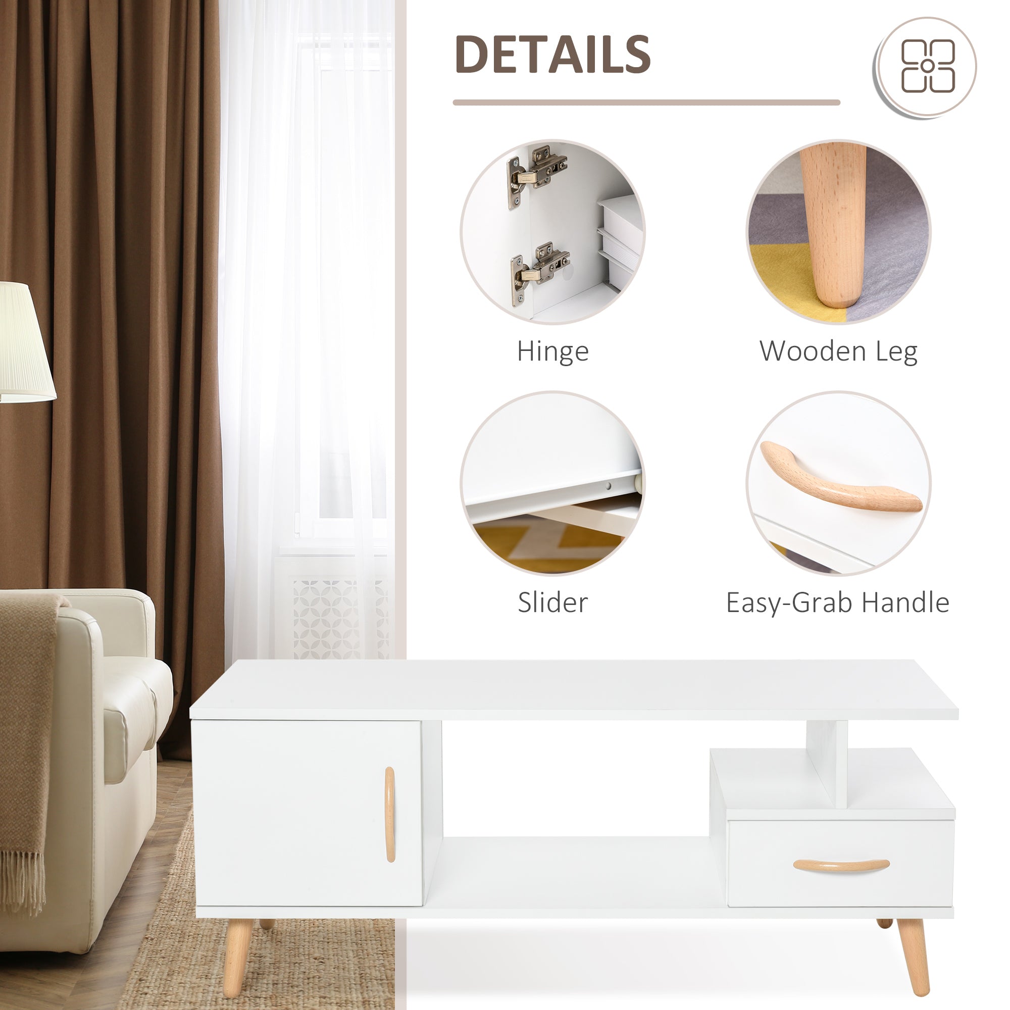 HOMCOM Modern Minimalism Coffee Table with Storage, Sofa Side Table with Shelf & Drawer for Living Room Reception Room, White