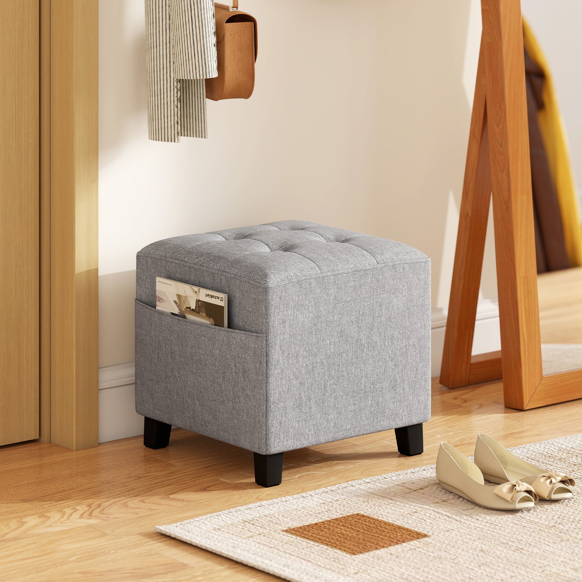 Kozy - Square Footstool, Small Ottoman with Side Pocket, Linen Fabric Footrest Foot Stool with Rubber Wood Legs and Padded Seat for Living Room, Bedroom, Entryway, 35 x 35 x 35cm, Light Grey
