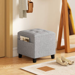 Kozy - Square Footstool, Small Ottoman with Side Pocket, Linen Fabric Footrest Foot Stool with Rubber Wood Legs and Padded Seat for Living Room, Bedroom, Entryway, 35 x 35 x 35cm, Light Grey