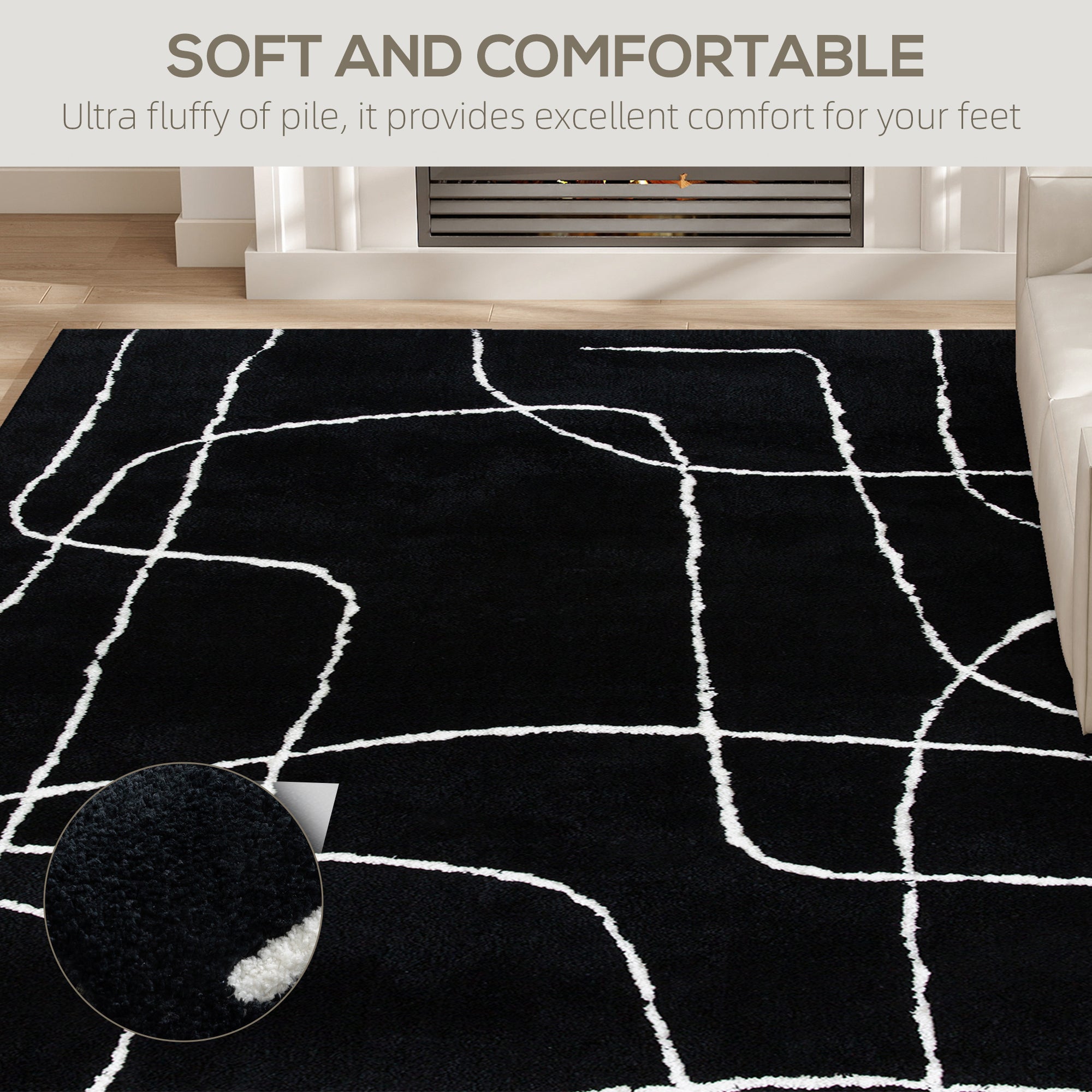 Kozy - Modern Fluffy Area Rug, Geometric Pattern Washable Rug, Soft High Pile Floor Carpet for Living Room, Bedroom, Dining Room, Home Office, 170 x 120 cm, Black