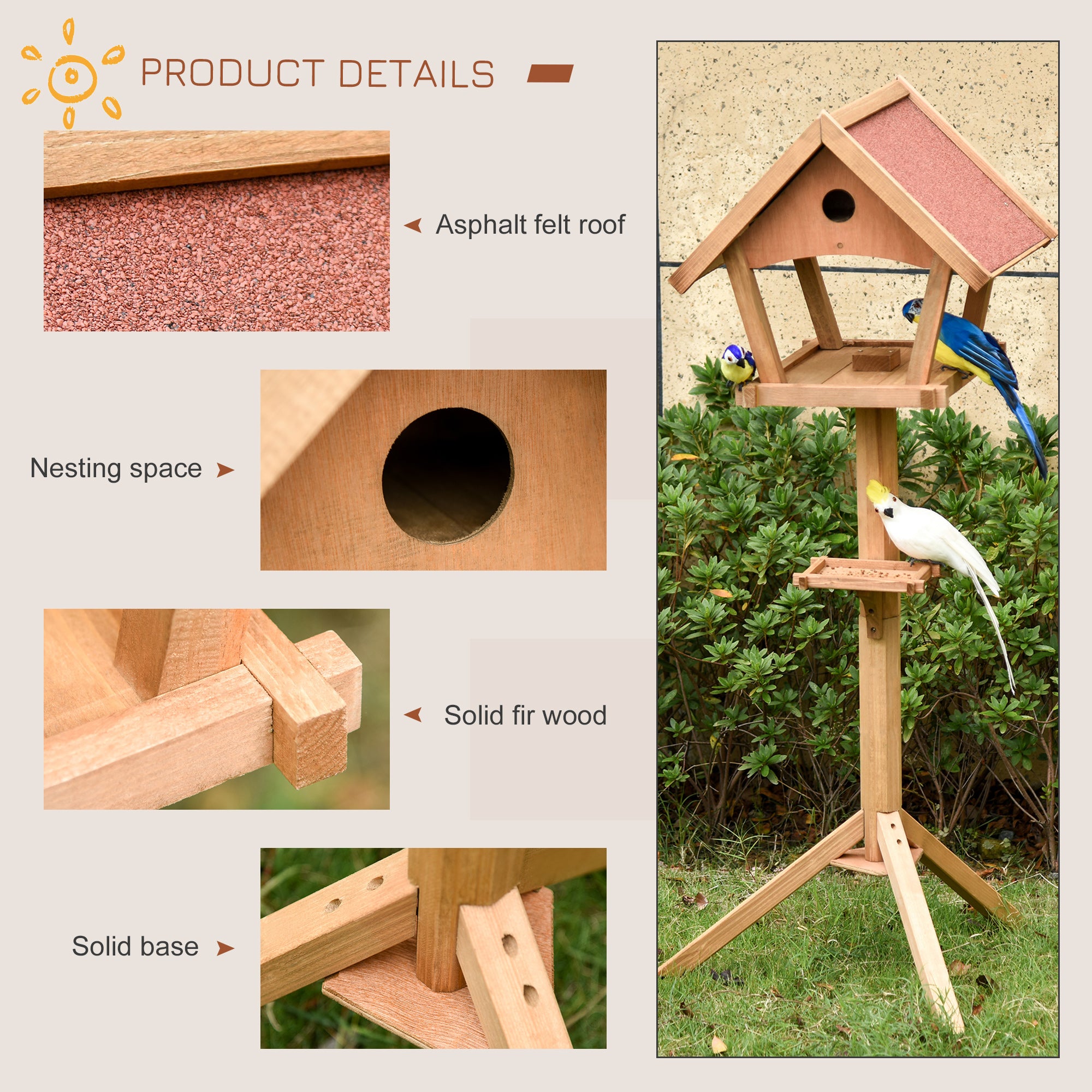 Kozy Wooden Bird Table Freestanding Feeding  Station for Garden Outside ,139H cm, Natural
