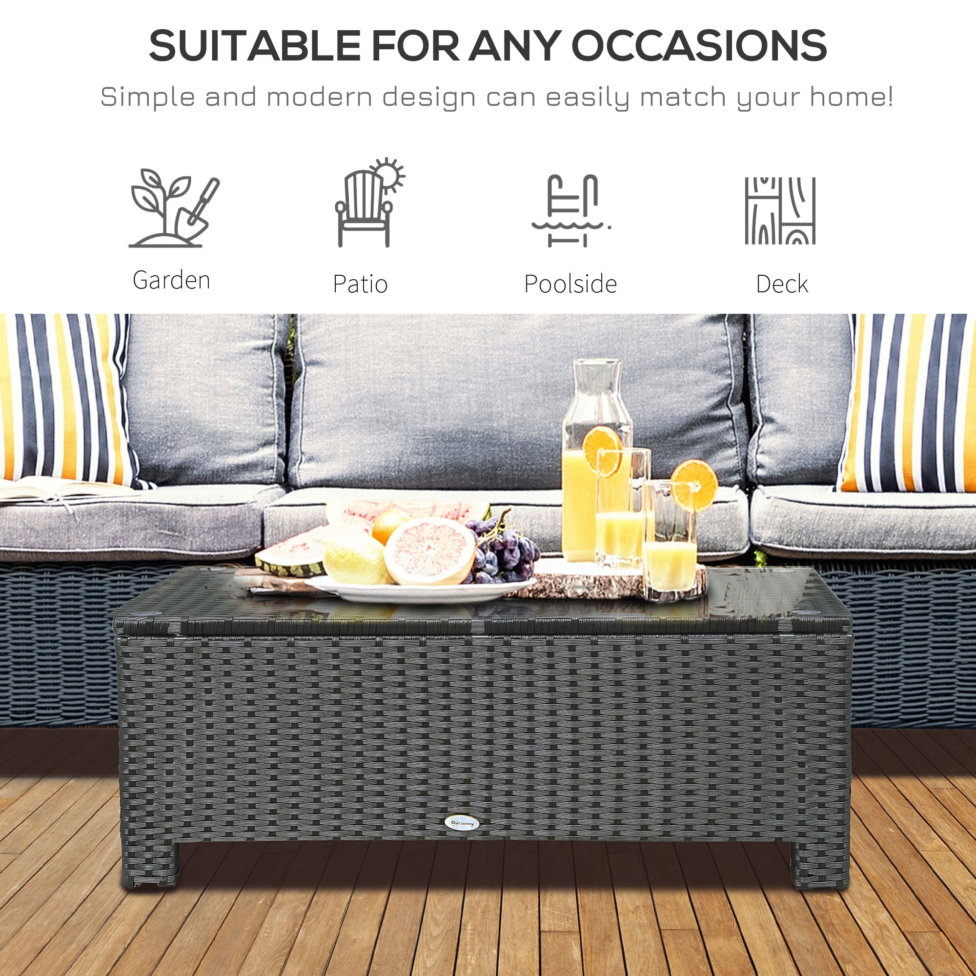 Kozy PE Rattan Coffee Table, Rectangular Outdoor Coffee Table with Tempered Glass Top, 70 KG Capacity for Garden, Balcony, Terrace, Patio, Black