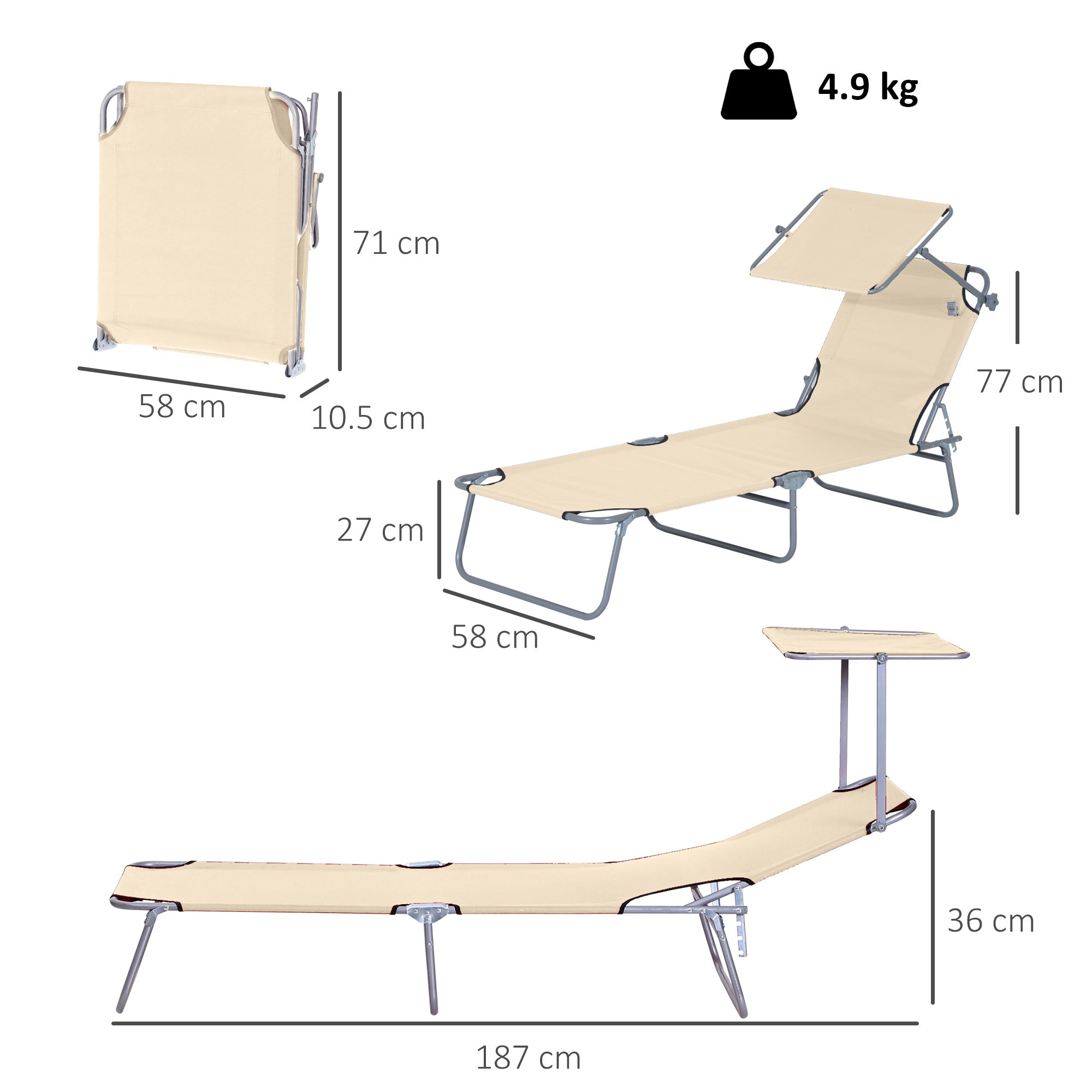 Kozy Outdoor Foldable Sun Lounger, 4 Level Adjustable Backrest Reclining Sun Lounger Chair with Angle Adjust Sun Shade Awning for Beach, Garden, Patio, Beige