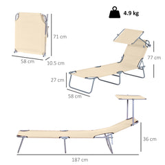 Kozy Outdoor Foldable Sun Lounger, 4 Level Adjustable Backrest Reclining Sun Lounger Chair with Angle Adjust Sun Shade Awning for Beach, Garden, Patio, Beige