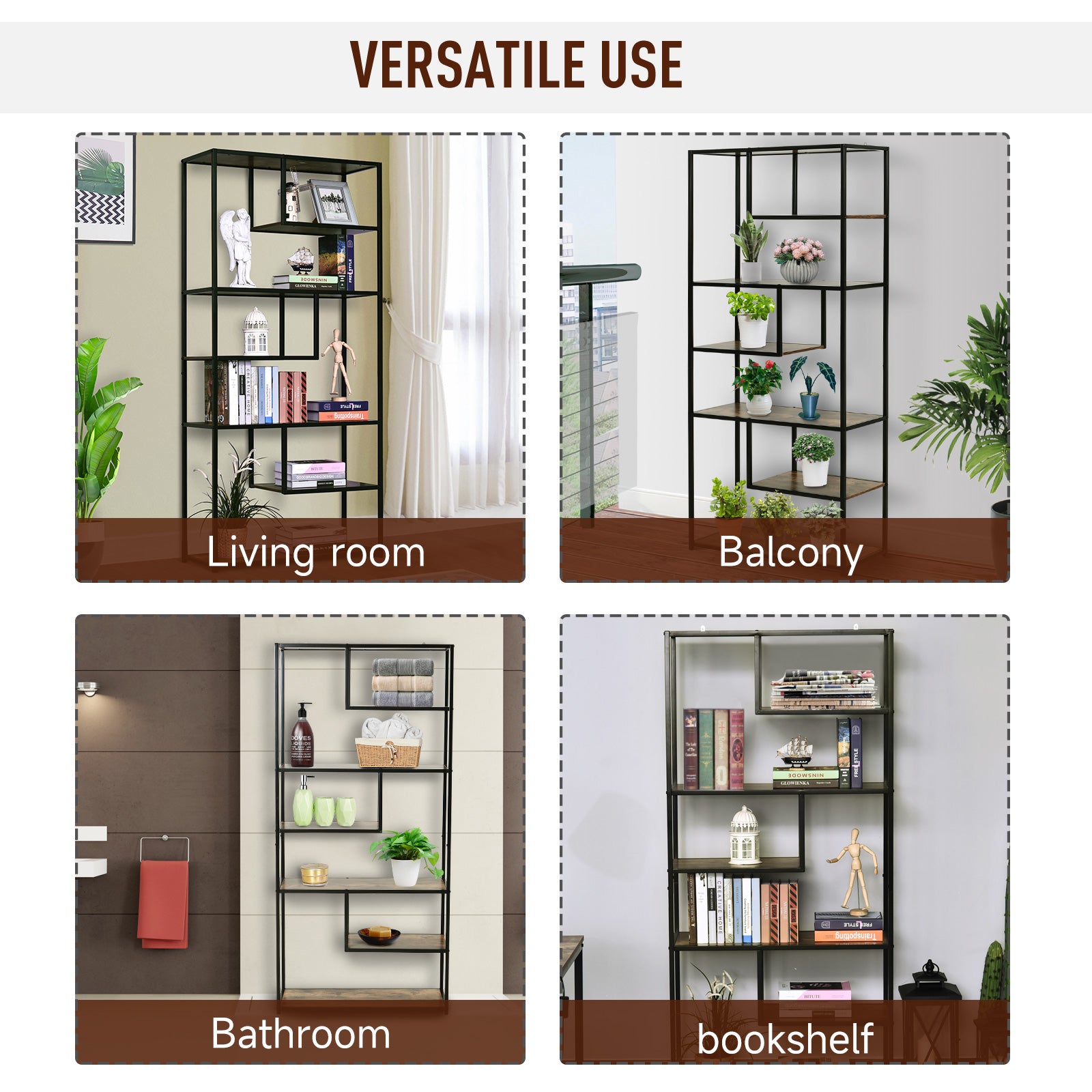 HOMCOM Wood Shelf Bookcase Industrial Style Stand 6