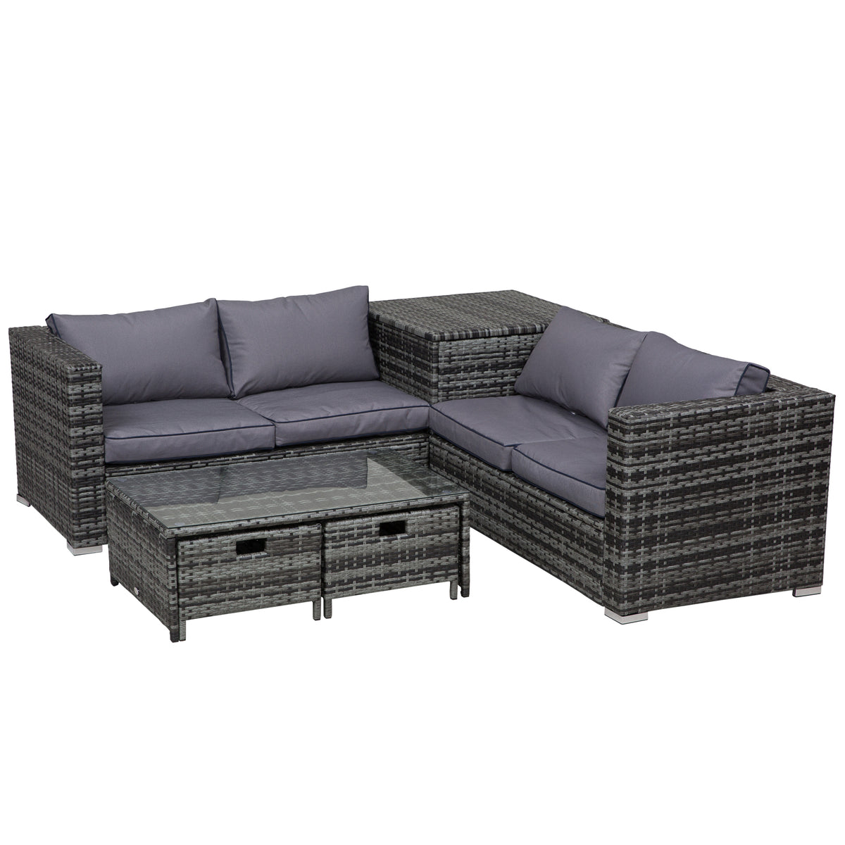 Kozy 4 Pcs Rattan Wicker Garden Furniture Patio Sofa Storage & Table Set w/ 2 Drawers Coffee Table,Great Cushioned 4 Seats Corner Sofa - Grey