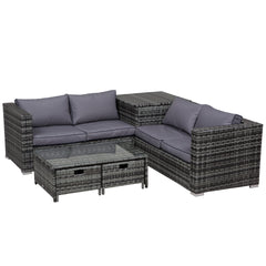 Kozy 4 Pcs Rattan Wicker Garden Furniture Patio Sofa Storage & Table Set w/ 2 Drawers Coffee Table,Great Cushioned 4 Seats Corner Sofa - Grey