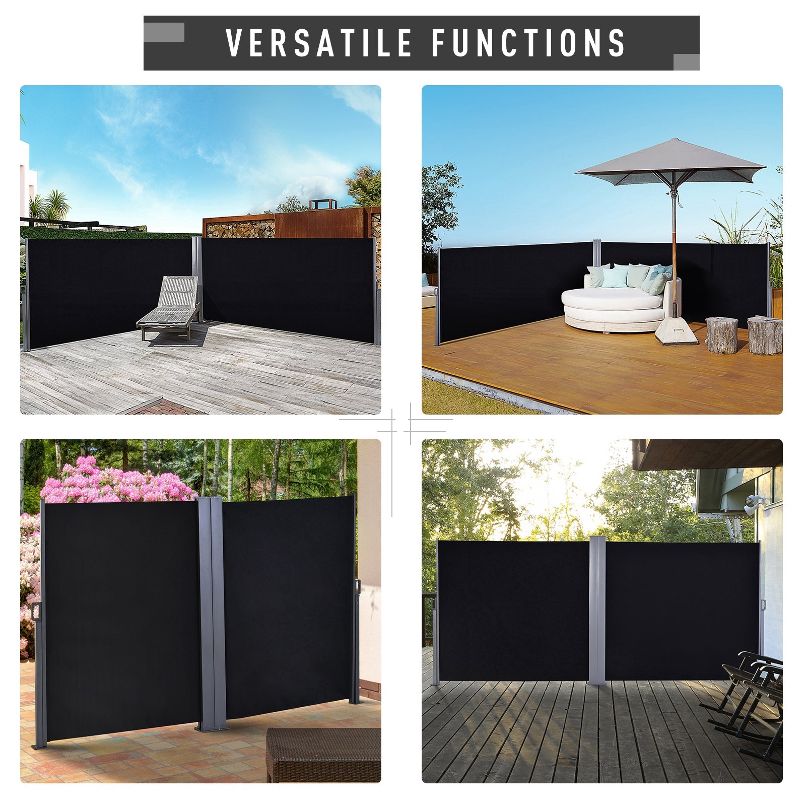 Kozy 600 x 180 cm (HxL) Retractable Awning Double Canopy Side Privacy Protection Sun Shade Side Blind w/ Steel Frame Versatile Use In Garden Patio - Black