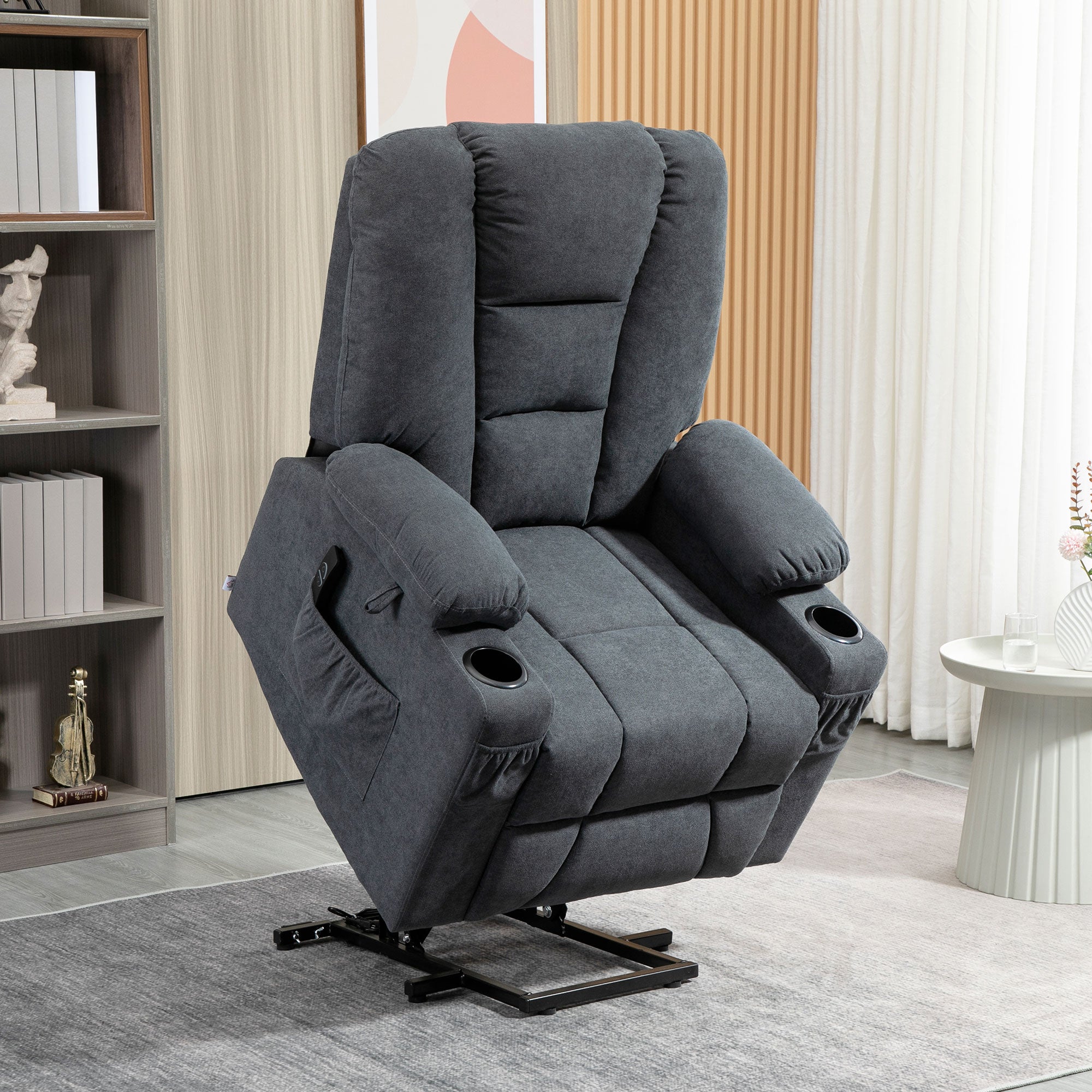 Kozy Electric Riser Recliner Armchair， Oversized Chair with Cup Holder & Side Pockets for Elderly in Living Room, Charcoal Grey