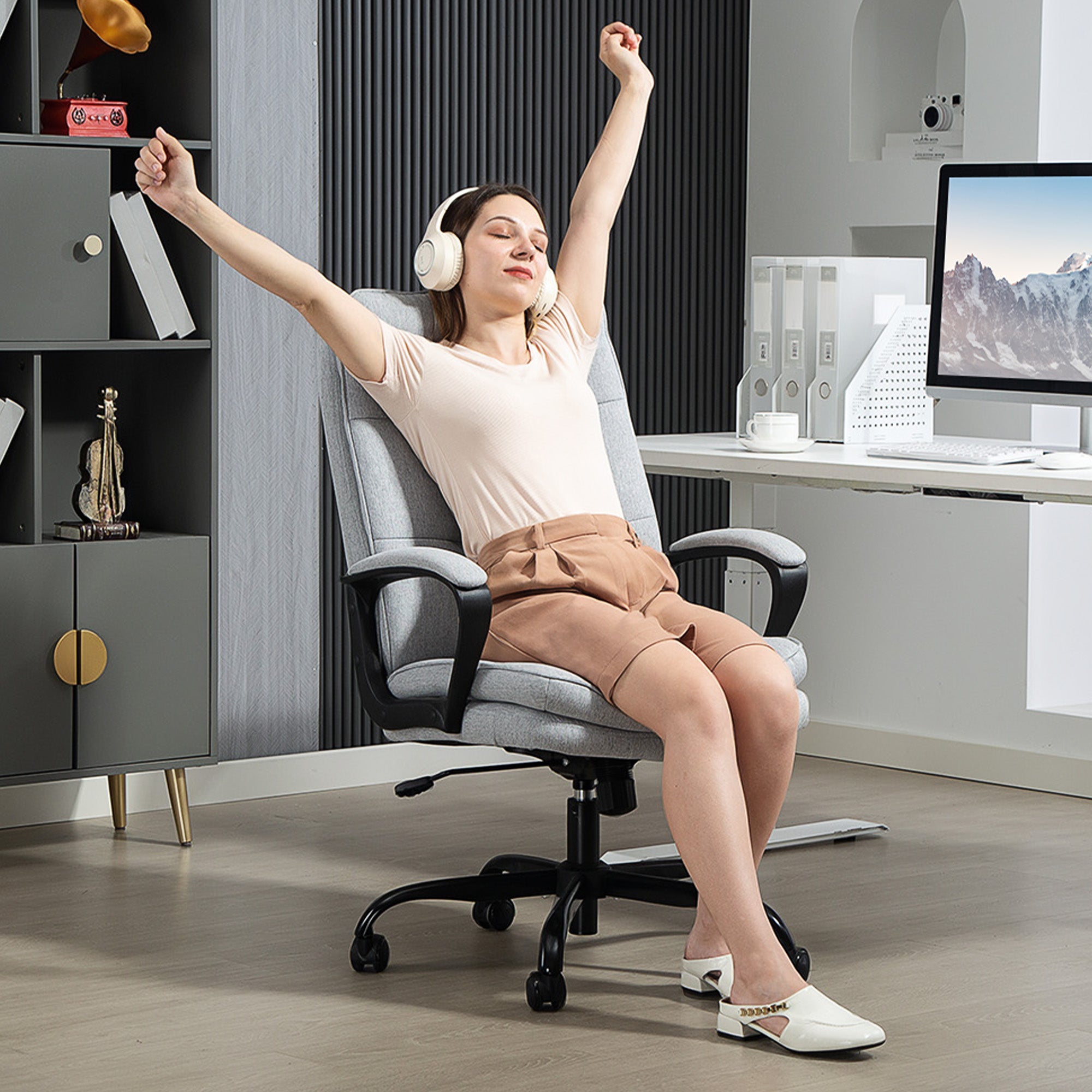 Kozy - Double Padded Linen-Look Office Chair - Light Grey