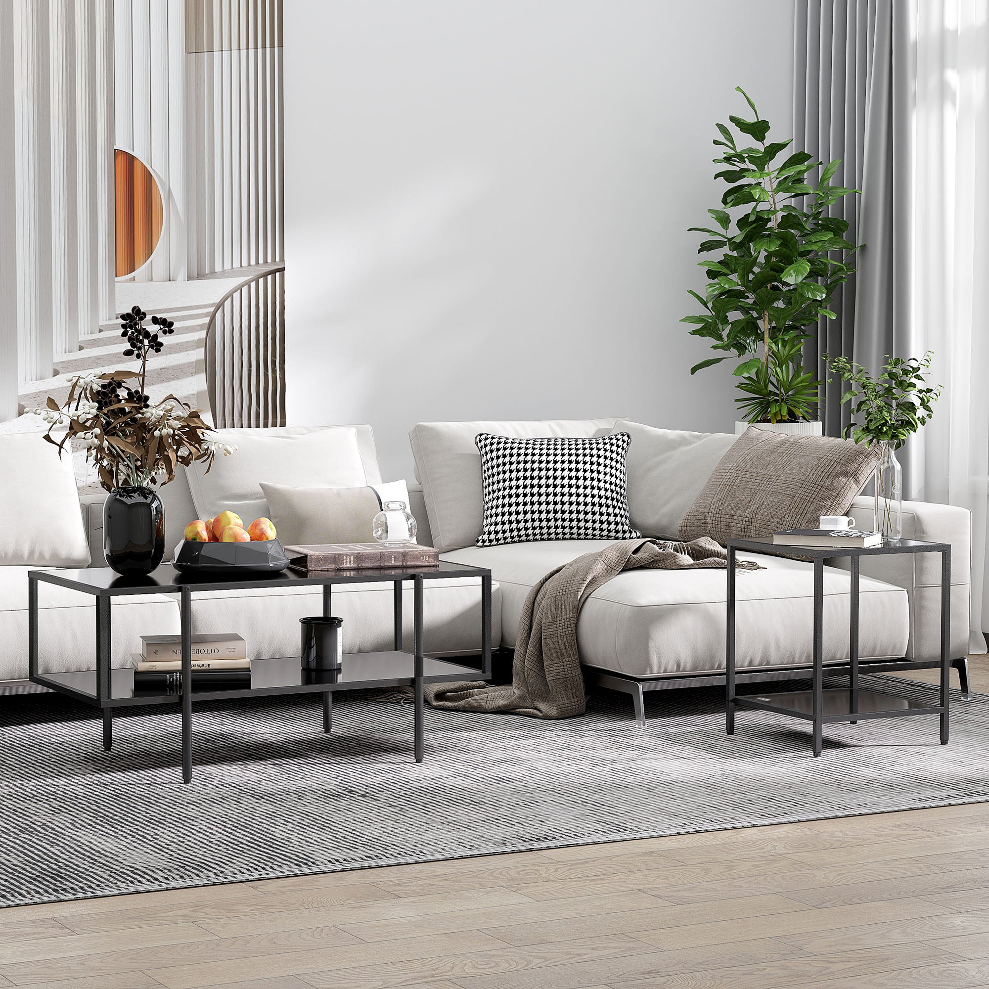 Kozy Tempered Glass Side Table with Storage, Modern 2-Tier Bedside Table with Steel Frame, Black