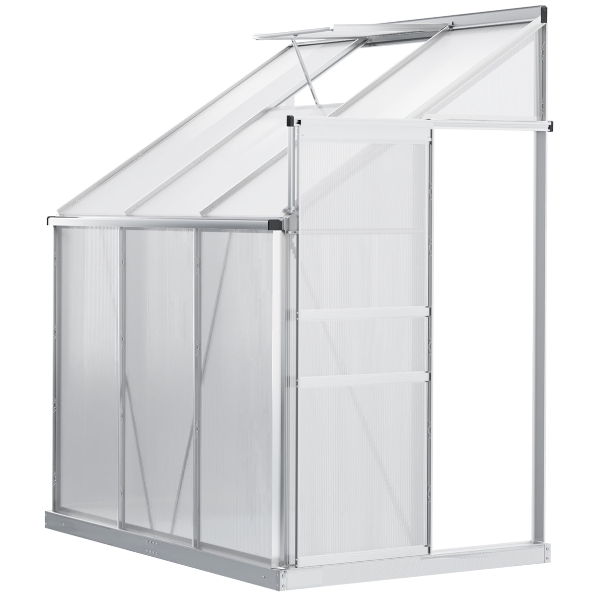 Kozy 6 x 4ft Lean to Wall Polycarbonate Greenhouse Aluminium Walk-in Garden Greenhouse with Adjustable Roof Vent, Rain Gutter and Sliding Door, Clear