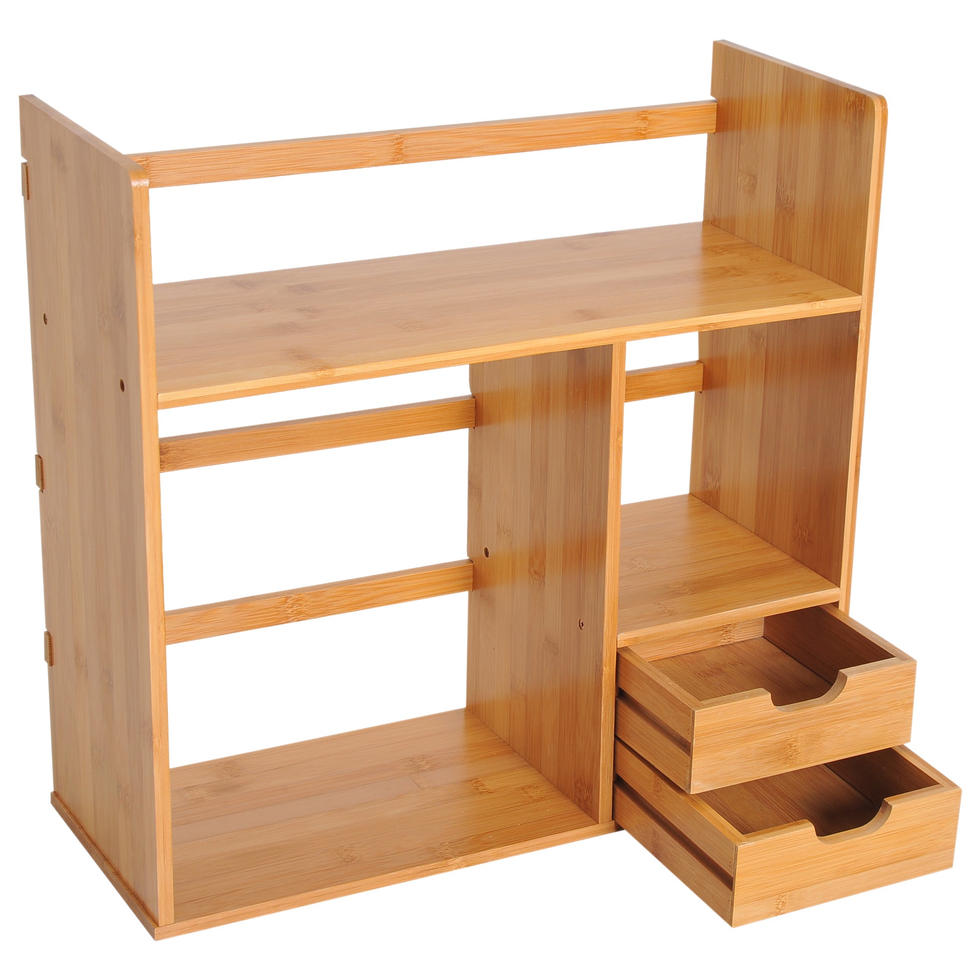 HOMCOM Desk Organiser, Bamboo Desktop Bookshelf with 2 Drawers and Stationery Storage, Reversible Use