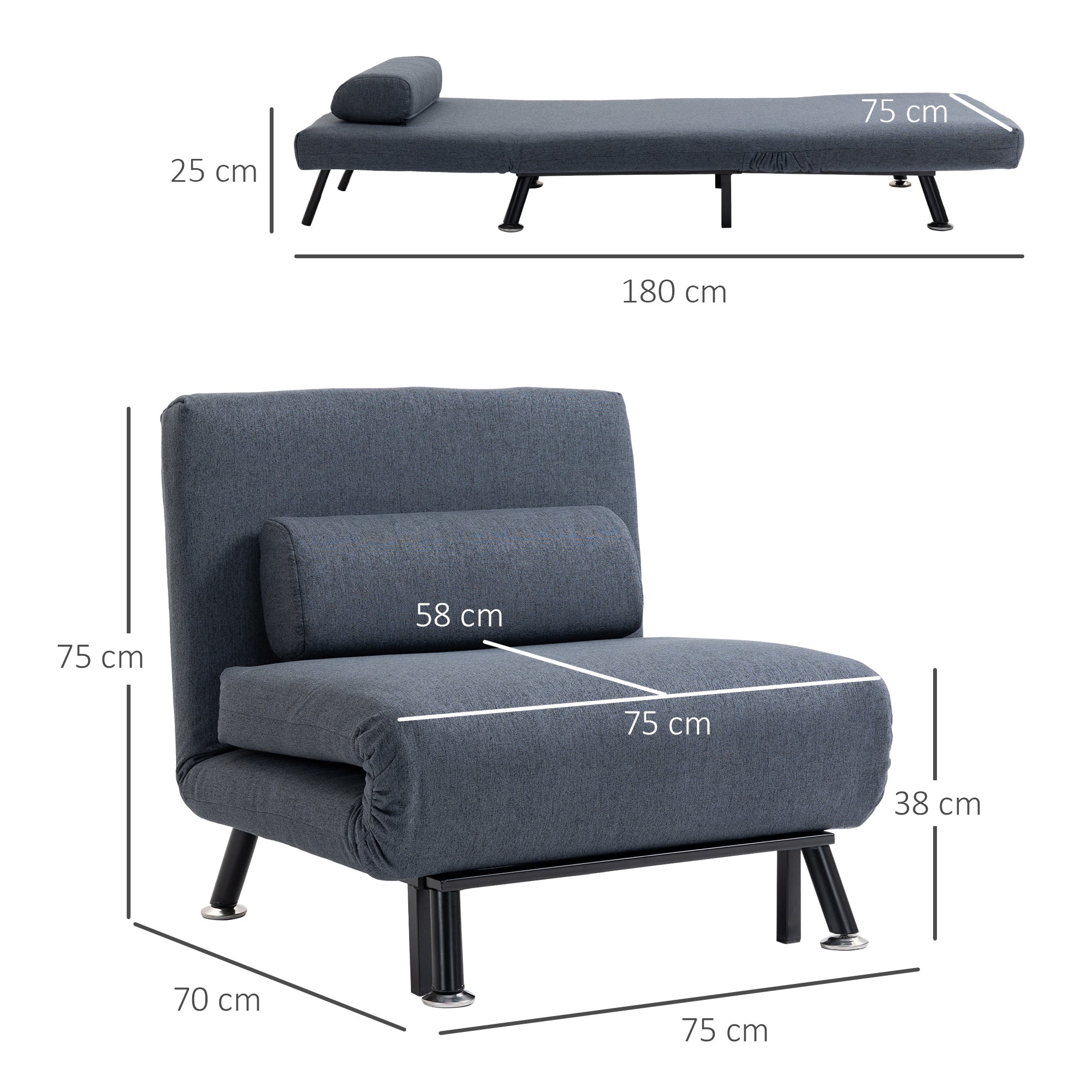 HOMCOM Single Sofa Bed Sleeper, Foldable Portable Pillow Lounge Couch Living Room Furniture, Dark Grey