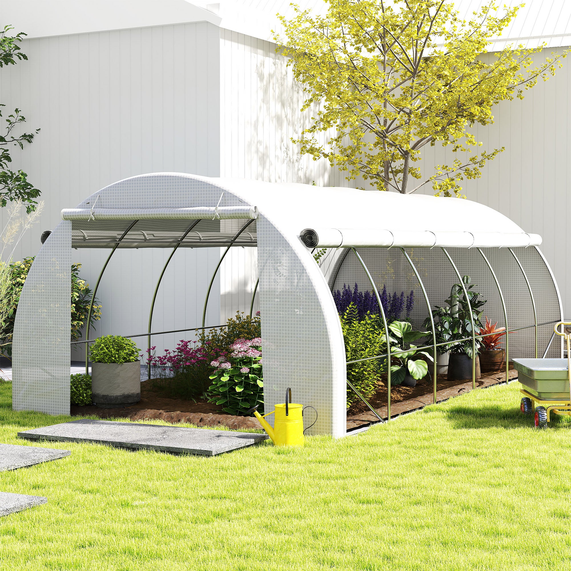 Kozy 6 x 3 x 2 m Polytunnel Greenhouse with Roll-up Side Walls, Walk-in Grow House Tent with Steel Frame, Reinforced Cover, Zipped Door and 12 Mesh Windows for Garden, White