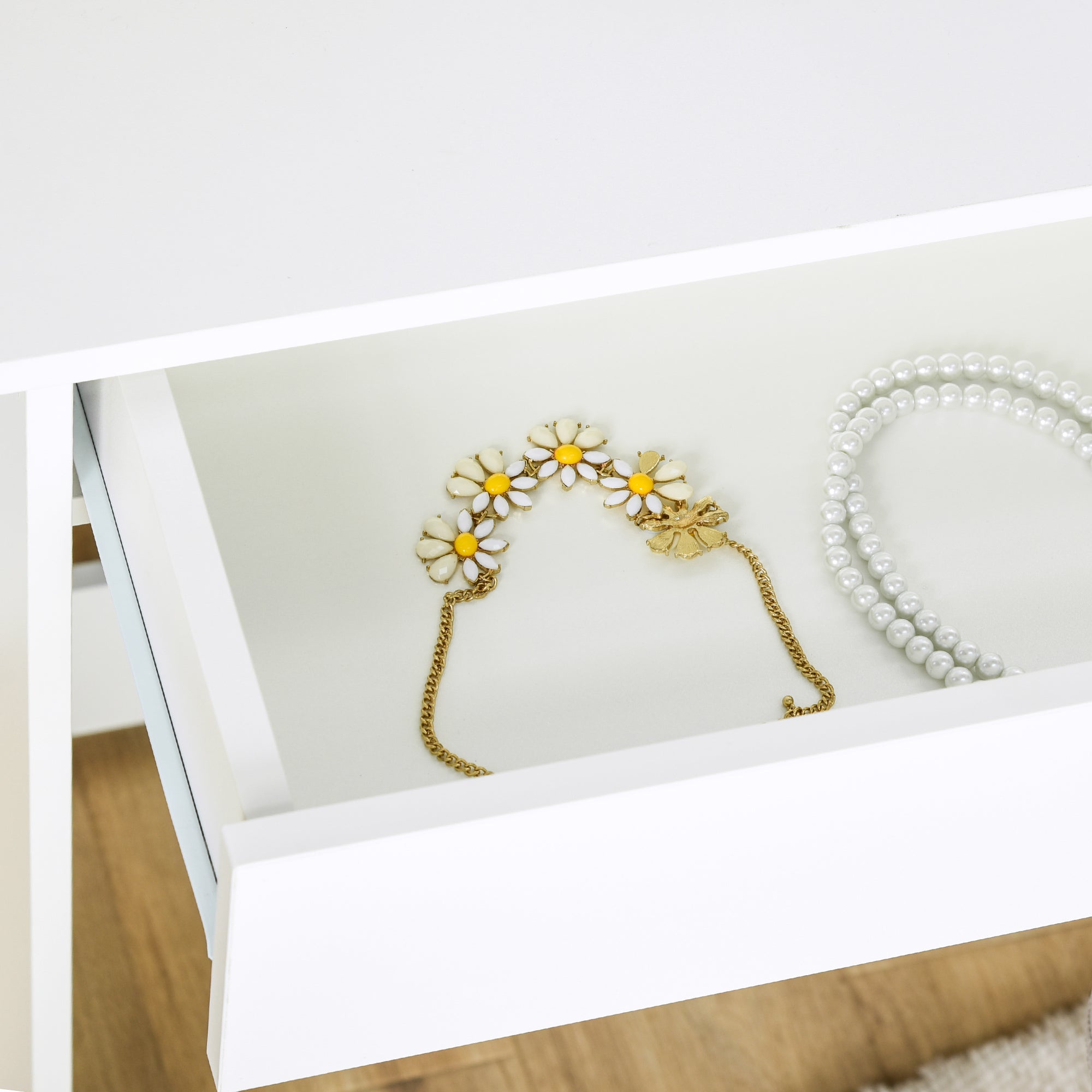 Kozy Modern Dressing Table Writing Desk W/ Mirror, Big Drawers, 2-Tier Open Shelf For Home Bedroom White