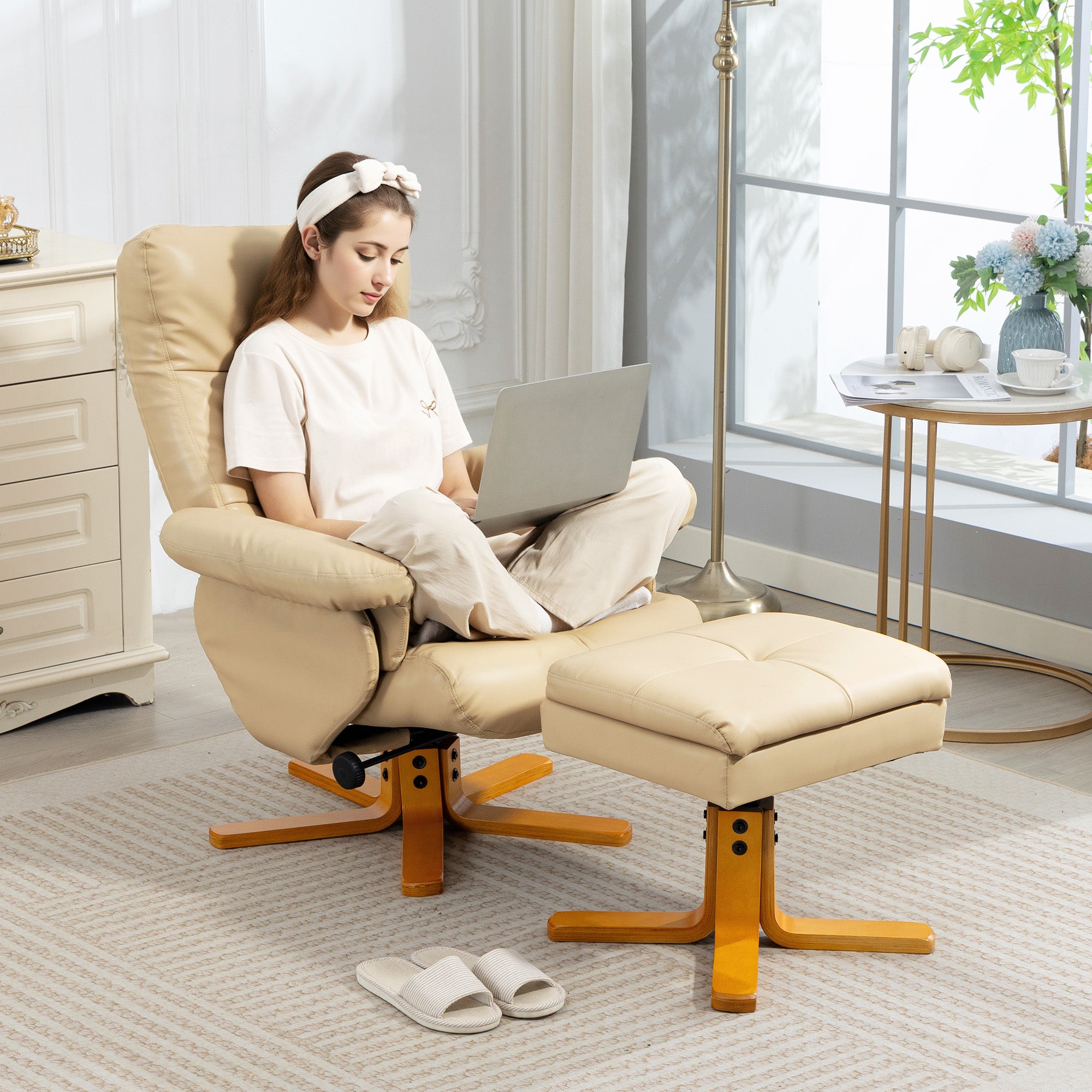 Kozy PU Leather Swivel Recliner Chair with Footstool, Wooden Base and Storage for Living Room, Beige