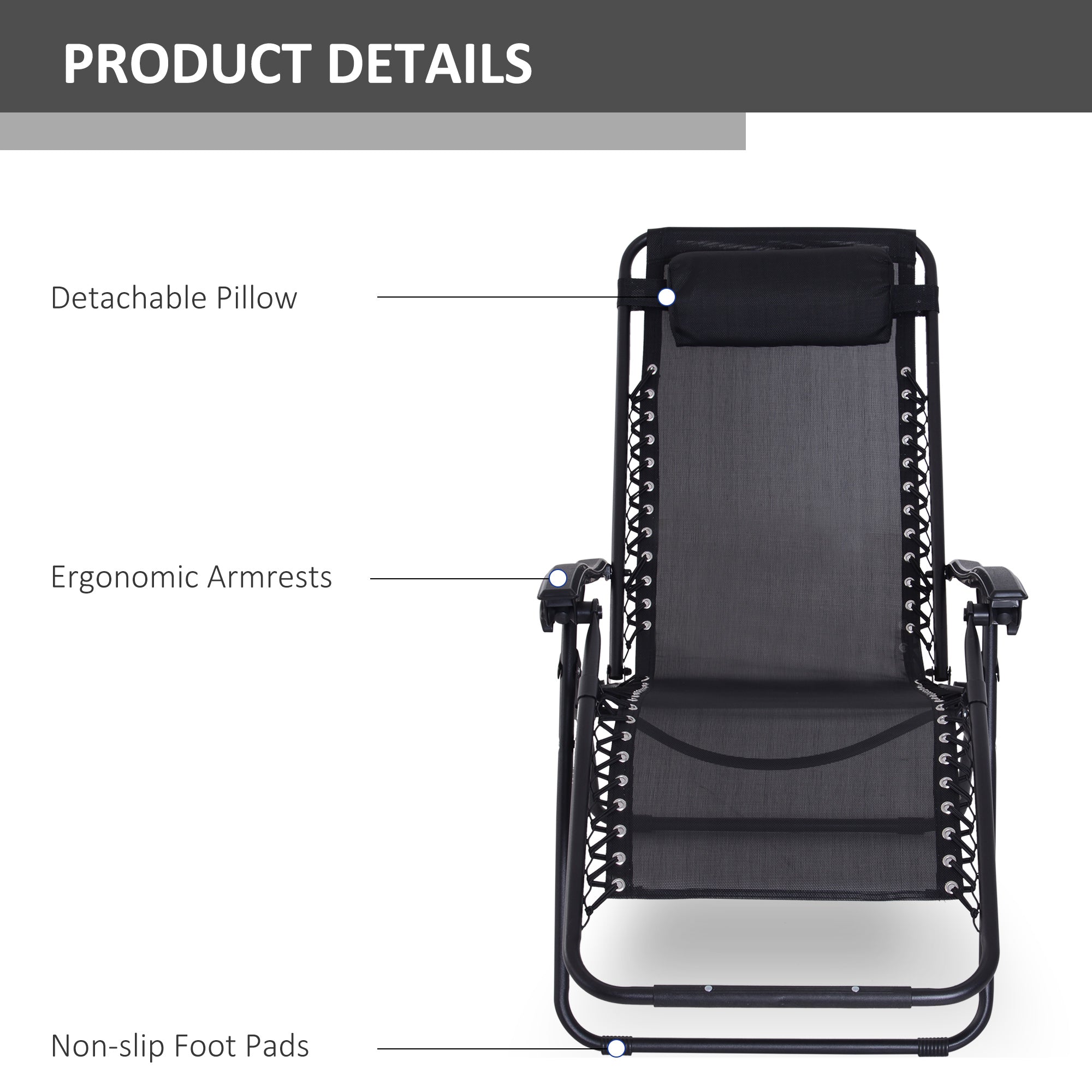 Kozy - Zero Gravity Chair Set of 2, Metal Frame Texteline Armchair Outdoor Folding and Reclining Sun Lounger with Head Pillow for Patio Decking Gardens Camping, Black